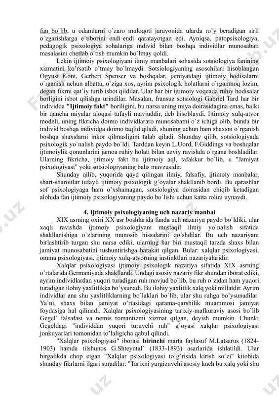 moiy munosabatlar tizimiga tayyor bo`lmogi, ijtimoiy faoliyatni boshqarishning ilmiy qonuniyatlari va qoidalarini mukammal egallamog’i zarur. boshqaruv, marketing va menejment, ta’lim va tarbiya sohalarida, ayniqsa, inson omili va uni boshqarishning psixologik tizimini bilishi – jamiyatda sog’lom insoniy munosabatlarni shakllantirish orqali uni kamol toptirish yo`lidir. shuning uchun bugungi kunda i.a.karimov ta`kidlaganidek, ijtimoiy psixologiya va umuman, ijtimoiy faoliyat bilan shug’ullanuvchi fanlarning asosiy vazifasi barkamol avlod tarbiyasini ta`minlovchi barcha ma`naviy, ruhiy va insoniy munosabatlar mohiyatini tahlil qilish, ularni boshqarishning eng samarali usullarini hayotga tadbiq etishdir. bu o’rinda, ayniqsa ijtimoiy tafakkurning, yangicha dunyoqarash va munosabatlarning shakllanishini, insonning o`ziga va o`zgalarga ta`sir etishning mexanizmlarini o`rganish eng dolzarb masalalardandir. 3. antik davr mutafakkirlari ishlarida ijtimoiy psixologik ta`limotlarning rivojlanishi ijtimoiy psixologiyaning fan sifatida rivojlanish tarixiga nazar tashlar ekanmiz, uning jamiyatning tarixiy rivojlanishi bilan bog’liq tarzda rivojlanganligining, ilmiy jihatdan esa, falsafiy qarashlar ta`sirida bo`lib, sof ijtimoiy psixologik nazariyalarning juda oz sonli bo`lganligining guvohi bo`lishimiz mumkin. insoniyat tarixini o`rganar ekanmiz …