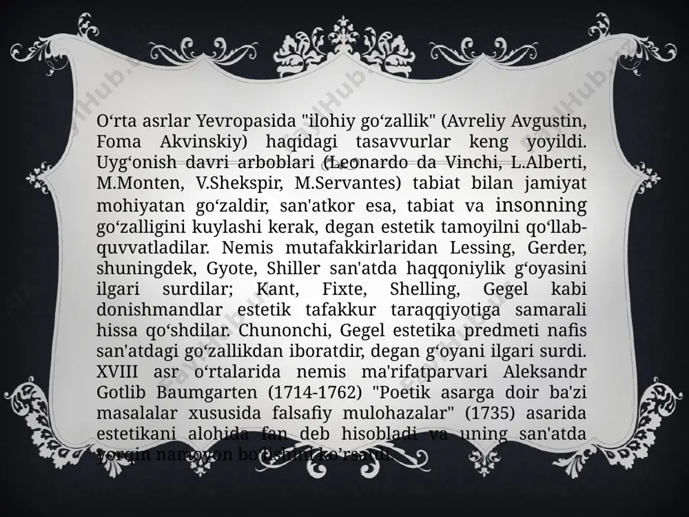 llikni xunuklikdan ajrata bilish va undan beg‘araz shodlanish hamda lazzatlanish qobiliyati yotadi. estetik did odamlarning dunyoqarashidan, ayniqsa, estetik qarashlaridan ajralmagan holda amal qiladi. estetik bilimlar va qarashlar didda ifodalanishi uchun ular shaxsning ichki dunyosiga, idrok qilish jarayonining o‘ziga singib ketishi, shaxsning mustahkam e'tiqodiga aylanishi lozim. estetik did o‘zida bevosita va bilvosita, hissiy va aqliy, yakka odam va jamiyat estetik didi qarama-qarshiliklari birligini mujassamlashtiradi. estetik didning ziddiyatli tabiati haqida dastlab kant munosabat bildirgan edi. kant nazarida did yakka odamga xos bo‘lgan insonning tug’ma qobiliyatidir. did shu qadar yakka tartibda ifoda topadiki, uni hech qanday dalillar bilan inkor etib bo‘lmaydi. did mulohazasi nihoyatda shaxsiy tabiatga molikdir. shu boisdan ham "did to‘g’risida bahslashmaydilar". lazzatlanish ob'yekti bo’lgan hissiylik, nafosat barcha uchun barobar darajada ahamiyatlidir, u faqat mazkur shaxsning o‘zigagina emas, balki hammaga yoqadi. inson o‘ziga yoqqan narsalarni boshqalarga ham yoqadi deb o‘ylaydi. demak, didlar uchun umumiy hisoblanadigan tomonlari ham bor. shu sababli did to‘grisida …