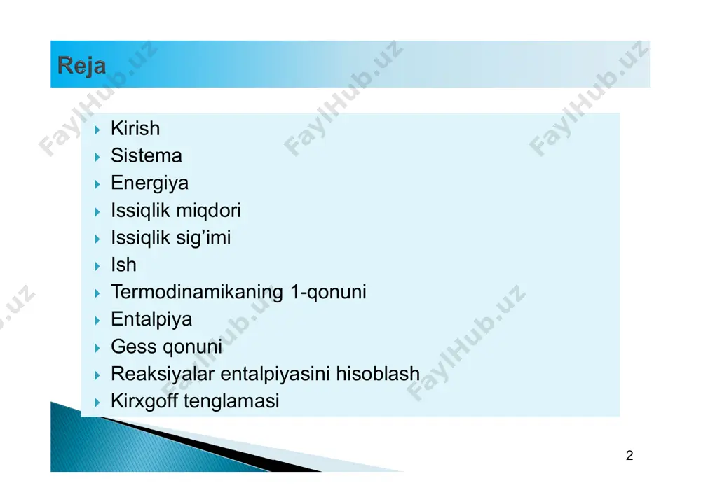 imidan cn ham ishlatiladi:  ba’zi moddalarning solishtirma va molyar issiqlik sig’imlari  masala:  stakandagi 250 ml suvning haroratini 20.5°c (293.7 k) dan 95.6 °c (368.8 k) gacha ko’tarish uchun qancha issiqlik berilishi kerak? suvning solishtirma issiqlik sig’imi 4,184 j/g · k ga teng.  yechish:  masala:  massasi 88,5 g va harorati 78,8°c (352.0 k) bo’lgan temir bo’lakchasi massasi 244 g va harorati 18.8°c bo’lgan suvga botirildi. termik muvozanat qaror topgandan so’ng oxirgi haroratni aniqlang. cs(h2o)=4,184 j/g·k; cs(fe)=0,449 j/g·k (idish va tashqi muhit orasida issiqlik almashinmaydi deb hisoblang.)  yechish:  yechish:  sistema 2 turdai ishni bajarishi mumkin:  o’zgarmas bosimdagi kengayish ishi quyidagicha hisoblanadi:  masala:  sharni shishirish uchun tashqi muhitga bosim-hajm ishi bajarilishi lozim. tashqi bosim 1,00 atm bo’lganda sharni 0,100 l dan 1,85 l gacha shishiriliganda qancha ish bajariladi (j)?  yechish:  izotermik kengayishda bajarilgan ish quyidagicha hiosblanadi:  masala:  …
