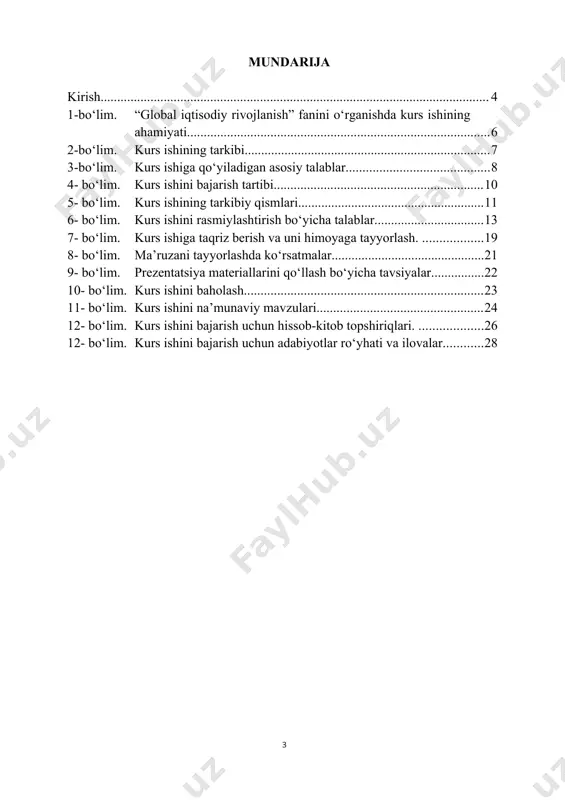 sohada ilmiy – tadqiqot ishlarini olib borishda boshlang‘ich tajribalarni egallashga o‘rgatadi. shuningdek, kurs ishi global iqtisodiy rivojlanish fani bo‘yicha tanlangan mavzu bo‘yicha dolzarb muammolarini talaba tomonidan mustaqil o‘rganganligini yakunidir. kurs ishini bajarishda talaba nafaqat olingan nazariy bilimlardan balki, barcha iqtisodiy darajadagi iqtisodiy holatlarni xarakterlovchi aniq ma’lumotlardan foydalanishni bilishi kerak. kurs ishi o‘quv reja asosida bajariladi. kurs ishini himoya qilishda olingan reyting ball talabaning reyting daftarchasiga kiritiladi. 2-bo‘lim. kurs ishining tarkibi “global iqtisodiy rivojlanish” fanidan kurs ishi quyidagi qismlardan iborat bo‘lishi kerak: kirish, asosiy qism, xulosa, foydalanilgan adabiyotlar. mavzuning mukammalligi darajasiga qarab kurs ishining tarkibi o‘zgarishi mumkin. kurs ishining kirish qismida mavzuning dolzarbligi va uning iqtisodiy ahamiyati, to‘g‘risida so‘z yuritiladi. kirish qismi qisqa va aniq bo‘lishi kerak. kurs ishing ikkinchi qismi mavzuning iqtisodiy mazmuni va mohiyatini ochib beruvchi 3-4 ta savollardan iborat bo‘ladi. rejadagi savollar mantiqan bir-birlari bilan bog‘langan bo‘lishi, har bir keyingi savol o‘zidan oldingi savolning mantiqan davomi bo‘lib, bir …