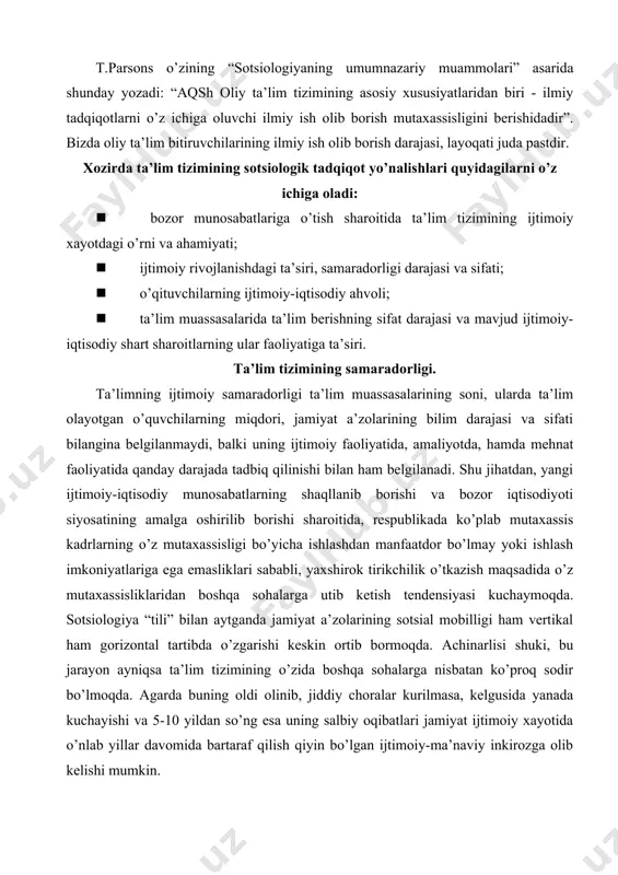 arga nisbatan ko’proq sodir bo’lmoqda. agarda buning oldi olinib, jiddiy choralar kurilmasa, kelgusida yanada kuchayishi va 5-10 yildan so’ng esa uning salbiy oqibatlari jamiyat ijtimoiy xayotida o’nlab yillar davomida bartaraf qilish qiyin bo’lgan ijtimoiy-ma’naviy inkirozga olib kelishi mumkin. ta’lim sotsiologiyasining xozirgi sharoitidagi asosiy vazifalaridan biri ham, yuqorida ko’rsatilgan muammolarni empirik jihatdan tatqiqi qilib, ilmiy-amaliy va nazariy xulosalar chiqarishdan iborat. ko’rinib turibdiki, o’zining mohiyat-e’tibori bilan ushbu masala favqulotda davlat ahamiyatiga ega bo’lgan masaladir. o’zbekistonda ta’lim tizimi kadrlar tayyorlash milliy dasturining maqsadi, vazifalari va ro’yobga chiqarish bosqichlari “har kim bilim olish huquqiga ega”. o’zbekiston respublikasi konstitutsiyasi 41-modda. o’zbekiston respublikasi inson huquqlari va erkinliklariga rioya etilishini, jamiyatning ma’naviy yangilanishini, ijtimoiy yunaltirilgan bozor iqtisodiyotining shaqllanitirishni jaxon hamjamiyatiga kushilishini ta’minlaydigan demokratik huquqiy davlat va ochik (demokratik) fuqaro’lik jamiyati qurmoqda. inson, uning har tomonlama kamol topishi va farovonligi, shaxs manfaatlarini ro’yobga chiqarishning sharoitlarini va ta’sirchan mexanizmlarini yaratish, eskirgan tafakkur va ijtimoiy xulk-atvorning andozalarini o’zgartirish respublikada amalga …