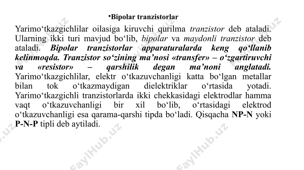 i oʻz emitterlariga beriladigan signallar uchun and funksiyasini bajaradigan koʻp emitterli tranzistor vt1 va emas funktsiyasini bajaradigan vt2 tranzistorli kaliti asosida qurilgan (3.4 -rasm). agar barcha kirishlar yuqori kuchlanish darajalariga ega boʻlsa (a=1 va b=1), emitter oʻtish vt1 yopiladi, bu tranzistorning tayanch-kollektor birikmasi ochiladi va vt2 kalit tranzistorini toʻyintiradi, bu esa chiqishda past kuchlanish darajasini hosil qiladi. har qanday kirishda signal darajasi past boʻlsa, oqim i signal manbaining chiqish pallasiga o'tadi va vt1 ni yopadi. bu holda f=1. shunday qilib, sxema 2va-emas elementining haqiqat jadvalini amalga oshiradi. 3.4-rasm. 2 va-emas tranzistor-tranzistorli mantiq. diod mantig'i (dl - diode logic) raqamli texnologiyaning birinchi va eng oddiy mantiqlaridan biri bo'lib, faqat passiv elementlardan - diodlardan va rezistorlardan iborat. 2 va mantiqiy elementning elektr diodli sxemasi xi va x2 kirishlaridan birida yoki bir vaqtning o'zida elementning ikkita kirishidagi mantiqiy signallar 0 bo'lsa, chiqishidagi signal ham mantiqiy 0 qiymatga teng bo’ladi. buning sababi shundaki, bitta …