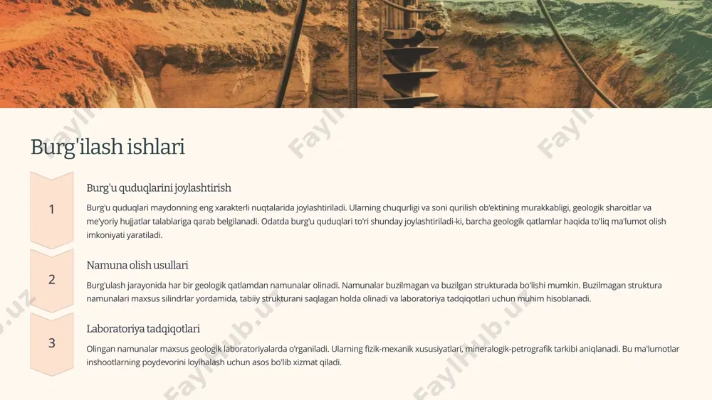 b etiladigan masalalar murakkab geologik sharoitda qo'shimcha tadqiqotlar zarur 2 loyihalash uchun asosiy xulosalar poydevor turi va konstruktiv yechimlar bo'yicha tavsiyalar 3 tadqiqot natijalarini umumlashtirish barcha tadqiqot ma'lumotlarini birlashtirish va tahlil qilish injener-geologik tadqiqotlar natijalarini umumlashtirish muhim bosqich hisoblanadi. bu jarayonda barcha olingan ma'lumotlar tahlil qilinadi, geologik model yaratiladi va xulosa shakllantiriladi. umumlashtirilgan ma'lumotlar asosida muhandislar inshootning konstruktiv yechimlarini ishlab chiqadilar. loyihalash uchun asosiy xulosalar qismida poydevor turi, chuqurligi, konstruktiv yechimlarni tanlash bo'yicha tavsiyalar beriladi. bu tavsiyalar geologik sharoitlarni, grunt xususiyatlarini va xavfli geologik jarayonlarni hisobga olgan holda ishlab chiqiladi. 10 image1.png image2.png image3.png image4.png image5.png image6.png image7.png image8.png image9.png image10.png image11.png image12.png image13.png image14.png image15.png image16.png image17.png