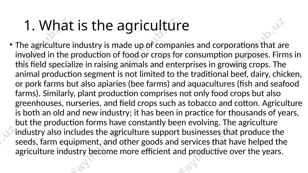 sustainability, contributing to economic growth. 3. agriculture impact to gdp agriculture plays a significant role in a country's gross domestic product (gdp), especially in developing nations where it contributes a large share to economic output. the impact of agriculture on gdp can be analyzed in several ways:1. direct contribution to gdpagriculture directly contributes to gdp through crop production, livestock, fisheries, and forestry.the percentage varies by country—developed economies have a lower share (typically below 5%), while developing nations may have 15-30% or more of their gdp coming from agriculture. employment & livelihoodagriculture employs a significant portion of the population, particularly in rural areas.in many developing countries, over 50% of the workforce is engaged in agriculture, contributing indirectly to economic stability.3. linkages to other sectorsagriculture supports industries like food processing, agribusiness, logistics, and manufacturing.it provides raw materials for industries such as textiles (cotton), biofuels, and food production. image1.png image2.png image3.png image4.tmp image5.png …