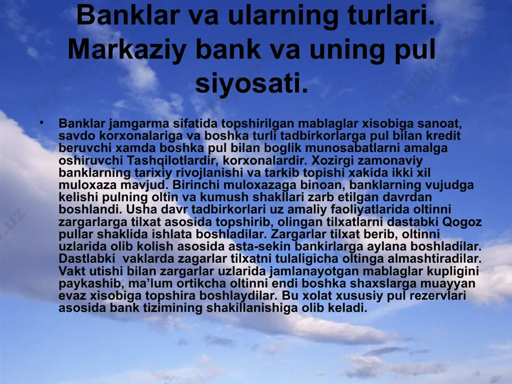- kredit tizimi vujudga keldi. o’zbekistonning bank tizimi ikki pogonadan iborat: o’zbekistonning bank tizimi ikki pogonadan iborat: birinchi pogona - markaziy bank ; ikkinchi pogona - tijorat, xususiy, sanoat va boshka banklar. o’zbekistonda xozirgi sharoitda 32ta tijorat banklar, 3ta shaxsiy (xususiy) bank, agro bank, paxta bank, sanoat-kurilish banki, savdogarbank va boshka turdagi banklar faoliyat kursatmokdalar. shuningdek, chet el banklarining vakopatxonalari ishlamokda. iqtisodiyotning eng muxim masalalaridan biri - bu pul muomalasidir. pul muomalasi - pulning tuxtovsiz xarakati bulib, tovarlar va xizmatlar doiraviy aylanishiga xizmat kiluvchi muomala vositasi va tulov vazifasini bajarishidir. pul uzining tulovga kobillik darajasiga kura tubandagi shakllardagi pul mablaglaridan iborat: maxsus tashqilotlardagi jamgarmalar, (jamgarish) investitsiyaning maxsus kurinishlari omonat va tez fursatda kaytib olish kuzda tutilgan jamgarmalar ; banknotlar, muomaladagi tangalar, joriy xisoblardagi pul mablaglari ; bank krediti - ob’ekti pul kapitalidir. bank krediti uzining muddati, maksadli berilishi va boshka koida-imtiyozlari asosida tijorat kreditidan fark kiladi. bank krediti kapital jamgarish, …