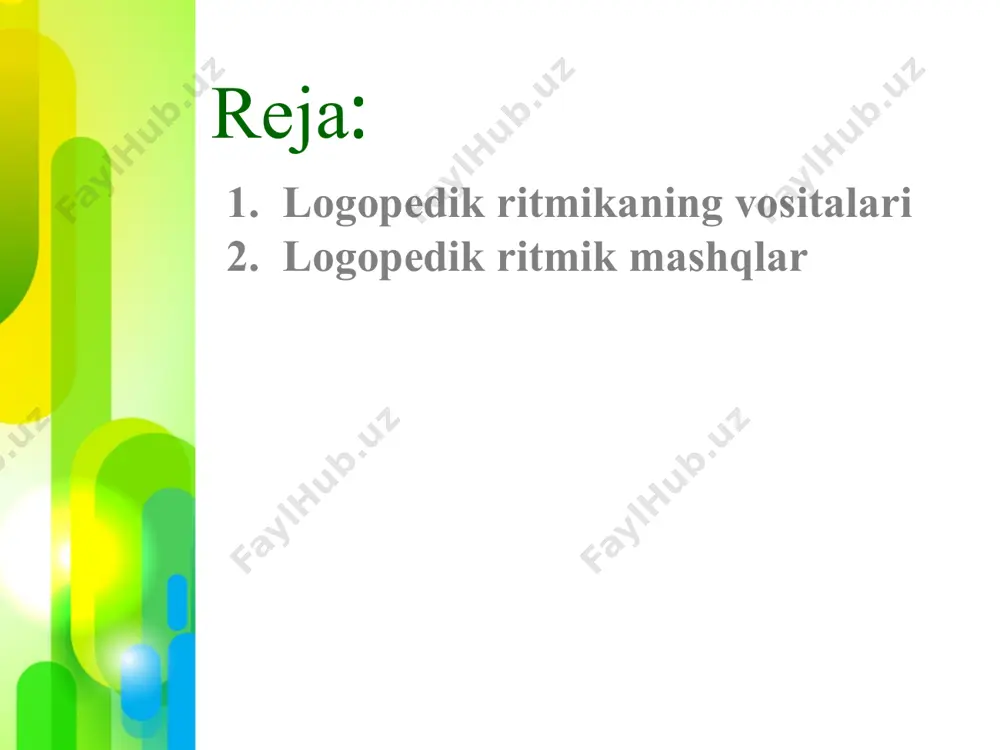 logoritmik va musiqiy-ritmik mashqlar hamda topshiriqlar tizimi kabi tasavvur qilish mumkin. turli yo‘nalishlarda yurish va harbiycha yurish mashqlari. logopedik ritmikaning bu vositasini v.a.griner “kirish mashqlari” deb ataydi. ular bolalarni doira bo‘yicha bir o‘zi, juft bo‘lib va guruh bilan yurish, turli predmetlarni aylanib o‘tish, ro‘paradan yurish vaqtida to‘qnashmaslik, berilgan yo‘nalishga amal qilish, mo‘ljal bo‘yicha harakatlanish, yurayotganlar orasida masofani saqlash, shuning saf, chiziq, kolonna va h.k. tuzishning boshlang‘ich ko‘nikmasiga o‘rgatadi. bola makon va jamoada, harakatning o‘ng-chap tomonli yo‘nalishida, aylanishlar, yelka orqaga, chehra bilan markazga harbiycha yurish va h.k. larda mo‘ljal olishni o‘rganadi. harakatning makoniy tavsifnomasi dastlabki holat, harakatda vujud va uning qismlari holati, harakat trayektoriyasidan iborat. mashg‘ulotning boshidan boshlab kirish mashqlari harakat va nutqning turli-tuman tempiga ko‘rsatma beradi, shuning uchun bola (katta) lar diqqatini musiqaning boshqaruvchi roliga yo‘naltirish lozim. yurish har bir mashg‘ulotga kiritiladi. u harakatning tabiiy ko‘rinishi hisoblanadi va shu bilan birgalikda, muvofiqlashuvi bo‘yicha yetarlicha murakkabdir. nutqida buzilishi bo‘lgan bolalar, ayniqsa, …