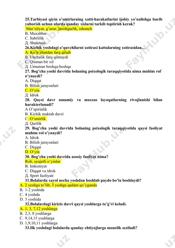 7-14 yoshgacha 35.ma’lum bir davrlarda jismoniy qiyofasi va psixikasida keskin o’zgarishlar sodir bo’ladi. bu qaysi davrga to’g’ri keladi? ilk o’spirinlik ilk bolalik o’smirlik chaqaloqlik 36.prepubertat nima? balog’atga yetishdan oldingi davr balog’atga yetish davri balog’atga yetishdan keyingi davri qarilik davri 37.tajriba metodi birinchi bor kim tamonidan nechanchi yilda fanga kiritilgan? 1805-yilda j. peaje 1305-yil a.kant 1983-yil d.b. el`konin 1910-yil a.f. lazurskiy 38.anketa metodi qanday usulda o’tkaziladi va nechta guruhga bo’linadi? turli aqliy o’yinlar asosida, 2 turli ommaviy so’roq asosida 3 turli sinalovchining o’ziga bildirmagan xolda chetdan kuzatish 3 turli sinalovchi qiziqan fan asosida savollar berish orqali 5 turda 39.psixologiyada test metodini qaysi olimlar kashf qilgan? i.a. menchinskaya v.shtern a.bine, a.simon a.n.gvozdev, v.shtern 40.ilk o’spirinlik davr necha yoshlarni o’z ichiga oladi 16 yoshdan 17-18 yoshgacha 10 -11 yoshdan 13-14 yoshgacha 12 -13 yoshdan 15-16 yoshgacha 18 yoshdan keyingi davrlarni 41.kishilar psixikasini ommaviy so’rov asosida o’rganish qaysi metod orqali olib boriladi kompleks anketa …