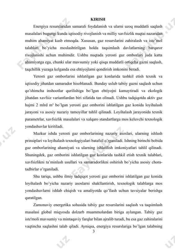samaradorlikni oshirish bo’yicha asosiy chora-tadbirlar o’rganiladi. shu tariqa, ushbu ilmiy tadqiqot yerosti gaz omborini ishlatilgan gaz konida loyihalash bo’yicha nazariy asoslarni shakllantirish, texnologik talablarga mos yondashuvlarni ishlab chiqish va amaliyotda qo’llash uchun tavsiyalar berishga qaratilgan. zamonaviy energetika sohasida tabiiy gaz resurslarini saqlash va taqsimlash masalasi global miqyosda dolzarb muammolardan biriga aylangan. tabiiy gaz iste'moli mavsumiy va mintaqaviy farqlar bilan ajralib turadi, bu esa gaz zahiralarini vaqtincha saqlashni talab qiladi. ayniqsa, energiya resurslariga bo’lgan talabning o’sishi va barqaror ta'minotni ta’minlash zarurati energiya xavfsizligini yanada kuchaytirishni talab qiladi. shu bois, ishlatilgan gaz konlarini yerosti gaz omborlari sifatida qayta tiklash orqali energiya resurslarini samarali boshqarish imkoniyati paydo bo’ladi, bu esa iqtisodiy va ekologik jihatdan juda qulay yechimdir. aktiv gaz hajmi 2 mlrd m³ bo’lgan yerosti gaz omborlarini tashkil etish nafaqat o’zbekiston energetika tizimining barqarorligini oshiradi, balki mintaqaviy energetika xavfsizligiga ham hissa qo’shadi. mazkur tadqiqotning maqsadi aktiv gaz hajmi 2 mlrd m³ bo’lgan yerosti …
