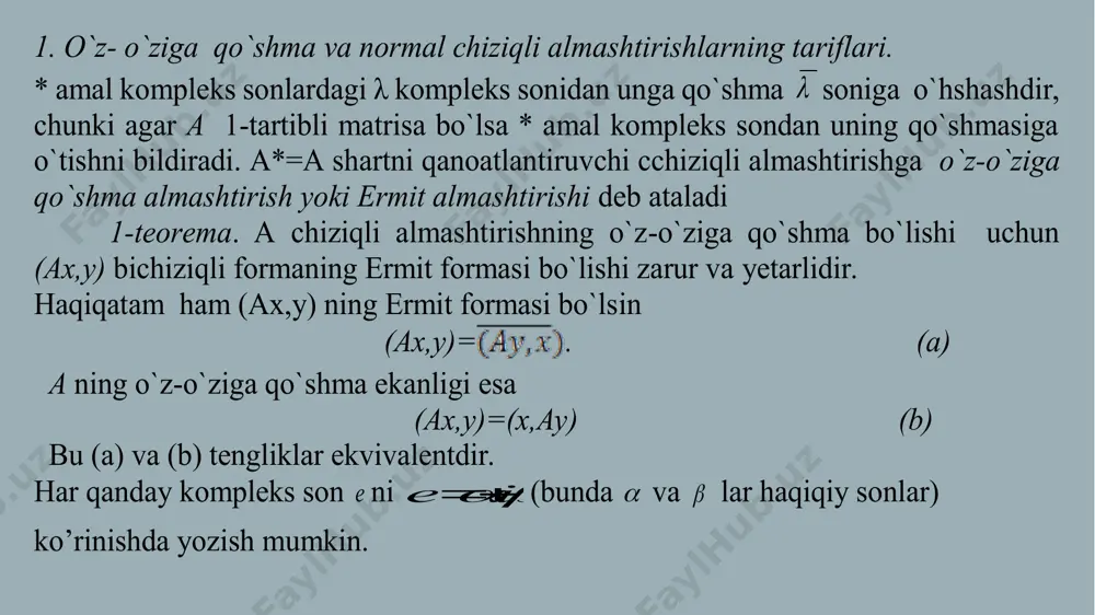 ligi . f=f* va f∙f* =f*f bo`lsin . u holda f∙f* =f*f=f 2 bo`ladi. f- normal operator. shu sababli l da hos vektorlardan tuzilgan ortonormal bazis mavjud. bu bazisda f va f* lalrning matrisalari 120000...............00na , 120000a* ...............00 ko`rinishida ega bo`ladi. f=f* dan a=a* ya`ni 11 , 22,......nn lar kelib chiqadi.demak lar haqiqiy. b) yetarligi . f ning normalligi va lar haqiqiy bo`lsalar a=a* kelib chiqadi.bu holda l da xos vektorlardan tuzilgan ortonormal bazis mavjud va bu bazisda f ning matritsasi a, f* niki esa a* bo’ladi. bo’lgani uchun a=a* va demak f=f*, f o’z -o’ziga qo’shma. 2-teorema.unitar l fazoda har qanday f chiziqli operator g+ih ko`rinishda ifodalanishi mumkin, bu yerda g,h lar o`z-o`ziga qo`shma operatorlar. isboti. g   * 2 1 ff , h= *)( 2 1 ff i  deb olsak f=g+ih bo`ladi va g*   * 2 1 ff *= gff )*( 2 1 , …