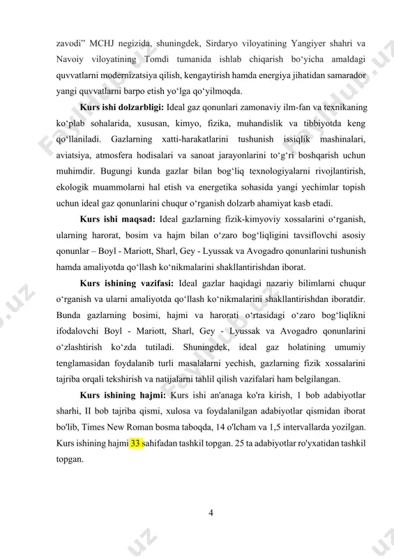 latining umumiy tenglamasidan foydalanib turli masalalarni yechish, gazlarning fizik xossalarini tajriba orqali tekshirish va natijalarni tahlil qilish vazifalari ham belgilangan. kurs ishining hajmi: kurs ishi an'anaga ko'ra kirish, 1 bob adabiyotlar sharhi, ii bob tajriba qismi, xulosa va foydalanilgan adabiyotlar qismidan iborat bo'lib, times new roman bosma taboqda, 14 o'lcham va 1,5 intervallarda yozilgan. kurs ishining hajmi 33 sahifadan tashkil topgan. 25 ta adabiyotlar ro'yxatidan tashkil topgan. i-bob: asosiy qism 1.1. gazlarning umumiy xossalari gazlar (fransuzcha: gaz) - modda holatlaridan biri. har bir modda harorat va bosim oʻzgarishiga qarab qattiq, suyuq va gaz holatda boʻladi. masalan, suv qattiq (muz), suyuq (suv) yoki gaz (bugʻ) holatda boʻlishi mumkin. gazlar molekulalari siqiluvchan, harakatchan, zichligi juda kichik, birbiri bilan tez aralashadi. gazlar tashqi taʼsir boʻlmaganda idish hajmining hammasini egallaydi. gazlar molekulalari orasidagi tortishish kuchi qattiq va suyuq jism molekulalarinikidan ancha kichikdir. normal sharoit (273, 15k temperatura va 101 - 105 pa bosim) da …