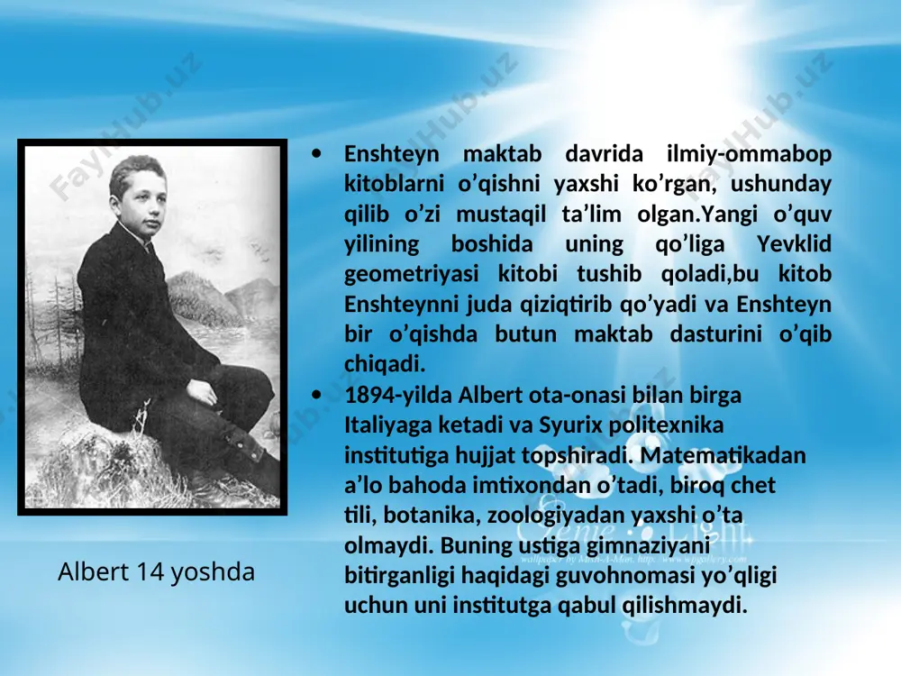 di. bu massa bilan energiya o’rtasidagi bog’lanishning mavjudligi: (ye = mc2) ekan. demak, energiya massaga ega ekan gravitasiya qonunlari ham o’zgacha bo’lishi kerak ya’ni yorug’lik nuri gravitasiya maydonida o’z yo’nalishini o’zgartirishi lozim. 1919 va 1922 yillarda quyosh tutilishi paytida o’tkazilgan tajribalar bu fikrni tasdiqladi. всемирное признание fotoeffekt qonunlarini ochganligi hamda nazariy fizika sohasidagi ishlari uchun eynshteyn 1921 yilda nobel mukofotiga sazovor bo’ldi a.eynshteyn dunyodagi ko’pgina akademiyalar va ilmiy jamiyatlarning a’zosi edi. 1926 yilda u sobiq ittifoq fanlar akademiyasining faxriy a’zosi qilib saylandi ilmiy safarlari enshteynning ilmiy ma;ruza o’qish uchun qilgan safarlari faqatgina ilmiy ruhiyatidagina bo’lib qolmay,balki siyosiy tus oldi.chuki germanlarning faxriga aylangan olim parijdagi ma’ruzalaridan so’ng fransuzlar uning kashfiyotlariga qiziqish bildirgan holatda germaniya davlati bilan hamkorlik niyatini bildirib,ikki xalqni birlashtirish taklifi bilan chiqishadi. vaqti mamlakatlar iyun 1920 y. oslo avgust 1920 y. kopengagen aprel-may 1921 y. aqsh iyun 1921 y. buyuk britaniya mart 1922 y. parij mart-iyun 1925 y. hindiston-singapur-gonkong-fillippin …