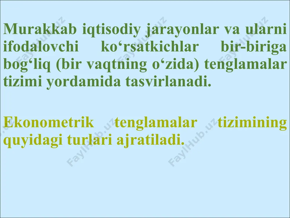 tsientining ishorasiga qarab qator darajalarida o‘suvchi yoki kamayuvchi tendensiya haqida xulosa qilish kerak emas. ko‘pchilik iqtisodiy ma’lumotlar dinamik qatorlari darajalarining avtokorrelyatsiyasi musbat bo‘lishi mumkin, lekin kamayuvchi tendensiyaga ega bo‘ladi. darajalarning birinchi, ikkinchi va h.k. tartibdagi avtokorrelyatsiya koeffitsientlarining ketma-ketligi dinamik qatorlar avtokorrelyatsiya funksiyasi deb ataladi. avtokorrelyatsiya funksiyasi qiymatini lag (avtokorrelyatsiya koeffitsienti tartibi) miqdoriga bog‘lanish grafigi korrelogramma deb ataladi. vaqtli qatorlar tendensiyasini modellashtirishning keng tarqalgan usullaridan biri qator darajalarini vaqtga bog‘liqligini yoki trendni tavsiflovchi analitik funksiyalarni tuzishdan iborat. bu usul vaqtli qatorlarni analitik tekslash deb ataladi. trendlarni tuzish uchun ko‘proq quyidagi funksiyalar qo‘llaniladi: chiziqli trend giperbola eksponentsial trend ko‘rsatkichli funksiya shaklidagi trend ikki va undan yuqori tartibli parabola. approksimatsiya xatoligi n - kuzatuvlar soni; y - asosiy omilni haqiqiy qiymatlari; ŷ - asosiy omilni tekislangan qiymatlari. approksimatsiya xatoligi 10% gacha bo’gan qiymatni qabul qilinadi. fisherning mezoni. ingliz statistigi fisher korrelyatsion va regression tahlillarning ishonchliligini tekshirish uchun logarifmik funksiyadan foydalanish usulini ishlab chiqdi: …
