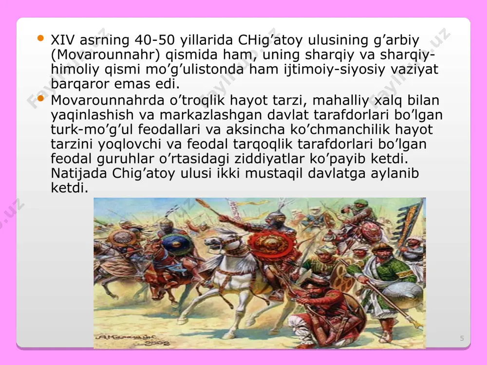 lashishlar shu darajada kuchayib ketdiki, bu chig’atoy ulusiga qarashli hududlarga feodal tarqoqlikning yanada chuqurlashuviga sabab bo’ldi. mahalliy hokimlarning o’zboshimcha harakatlari natijasida chig’atoy ulusiga qarashli movarounnahr hududida o’nlab mustaqil bekliklar vujudga keldi. * amir temur xusayn ustidan g’alaba qozongach, butun movarounnahrni o’z qo’li ostiga birlashtiradi. balxda chaqirilgan qurultoyda temur chig’atoy saltanatining vorisi deb e`lon qilinadi. lekin o’sha davrdagi vaziyatni hisobga olib va mo’g’ullarning qarshiligini kuchaytirmaslik maqsadida xon taxtiga suyurg’otmish o’tqazilgan edi. amalda esa samarqand taxtini sohibqiron amir temur tomonidan boshqarilgan. *