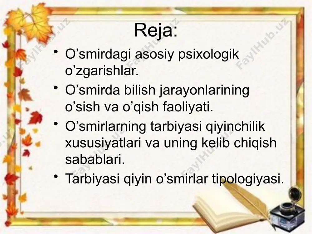 n yangi hissiy poziciyani yuzaga keltiradi. u bolalar xulq-atvorini kattalar xulqi va qadriyatlariga qayta orientaciya qila boshlaydi. o’smir o’z huquqlari doirasini kengaytiradi, kattalarni esa cheklashni xohlaydi. bilish jarayonlarining o’sishi. o’smirning qiziqishlari ortadi, bilish faoliyati maktab programmasidan tashqariga chiqadi, mustaqil o’qiy boshlaydi. uning tafakkurida tanqidiylik, mustaqillik hosil bo’ladi. o’qituvchi o’quvchilarga o’quv materiallarini taqqoslashni, mavhumlashtirishni, o’z fikrini to’g’ri, ravon va aniq ifodalash yo’lini tushuntirib berishlari lozim. o’smirlarning o’quv faoliyatida, o’quv materialini o’zlashtirish darajasida, umumiy intellektual rivojlanishida turli darajadagi o’quvchilarni uchratish mumkin. o’quv faoliyatidagi kamchiliklar kichik sinflarda bilinmagan bo’lsa, v-vi sinflarda o’zlashtirishi keskin farqlanadigan bolalar ko’zga tashlanib qoladi. o’smirlarda nazariy, formal va refleksiv tafakkur turlari shakllanadi. xotira, idrok jarayonlari ham intellektualizaciya bo’la boshlaydi, ya`ni o’smir o’quv materiallarini tushinib idrok qilish va eslab qolishni o’rgana boshlaydi. o’smirlarning o’z-o’zini anglashi sifat jihatidan o’zgaradi. o’zi haqida uylash, o’zini boshqalar bilan taqqoslash o’smirning xususiyatidir. o’smir o’z kamchiligi ustida uylaydi, o’zidan qoniqmaslik hissi paydo bo’ladi. ko’pchilik o’smirlar kattalarga …