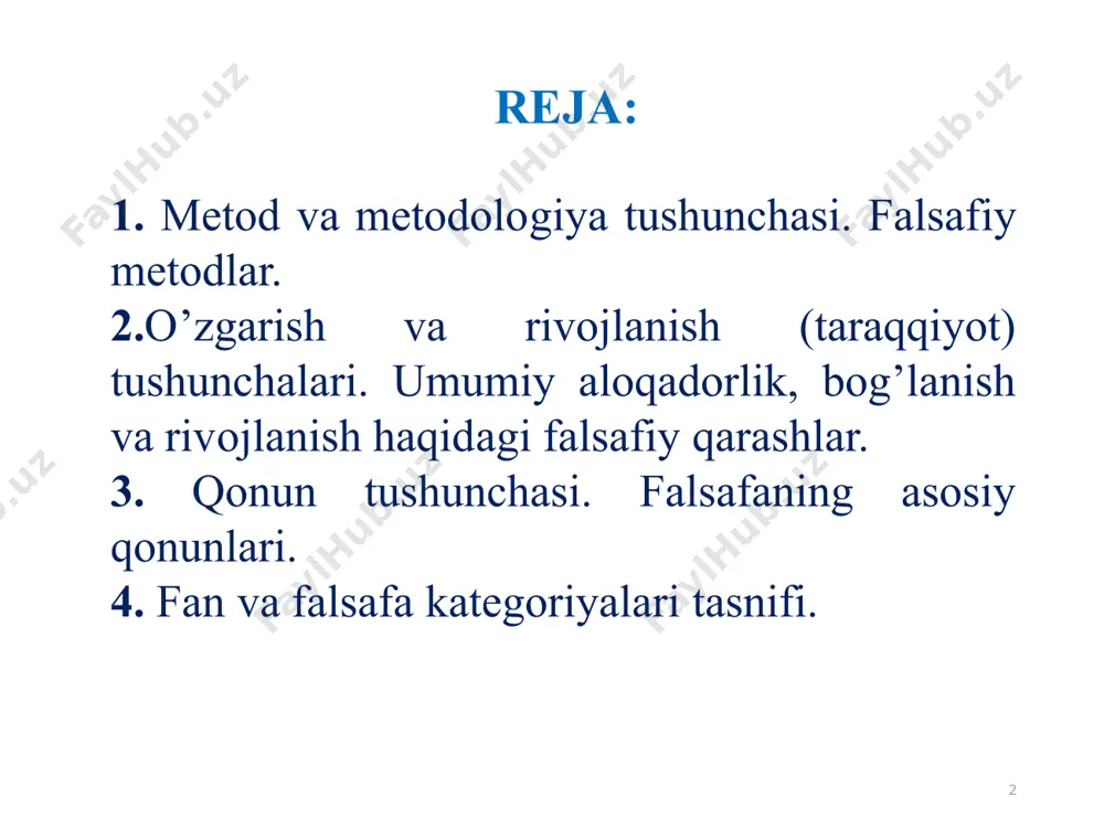 r va metodologiyaga tayanadi. 5 6 фалсафа тарихида ривожланиш ҳақидаги тасаввурлар гераклит ривожланиш миқдор жиҳатидан оддий жойдан-жойга кўчиш узлукли ва узлуксиз нарса ва жараёнларнинг ўзаро нисбати барқарор ва ўзгарувчан нарса ва жараёнларнинг ўзаро нисбати 7 ҳаракат шакллари ҳаракат шакллари механик физик кимёвий биологик ижтимоий 8 metodning asosiy vazifasi har qanday metod ma`lum nazariya asosida yaratiladi va tadqiqotning zaruriy sharti sifatida namoyon bo`ladi. har bir metodning samaradorligi uning chuqur mazmun va mohiyatga egaligi, nazariyaning fundamentalligi bilan asoslanadi. o`z navbatida metod mazmuni kengayib boradi, ya`ni bilimning chuqurlashishi va kengayishi, tajribaga tatbiq etilishi bilan metodning ko`lami ham o`zgaradi birinchidan, metod va metodologik muammolarning rolini inkor qilish yoki to`g`ri baholamaslik ikkinchidan, metodning ahamiyatini bo`rttirish, muqloqlashtirish, uni barcha masalalarning kaliti, ilmiy yangiliklarni yaratishning eng qulay vositasi deb tushunish noto`g`ridir. mеtоd (yunоn. metods — usul) kеng ma’nоdа yo’l, ijоdiy fаоliyаtning hаr qаndаy shаkli kаbi ma’nоlаrni аnglаtаdi. mеtоdоlоgiyа tushunchаsi ikki аsоsiy mаzmungа egа — fаоliyаtdа qo’llаnilаdigаn ma’lum …