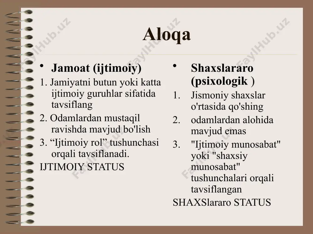 oladilar misol: mutaxassis bilan maslahatlashish ibtidoiy - suhbatdosh ob'ekt bo'lgan muloqot, zarur yoki yo'lda. misol: odamni kamsitish, haqorat qilish yoki xushomad qilish manipulative- suhbatdosh mag'lub bo'lishi kerak bo'lgan raqib sifatida ko'rilgan muloqot misol: shantaj standartlangan "niqobli aloqa" - hech kim e'tiroz bildirmaydigan umumiy qabul qilingan me'yorlar va qoidalar doirasidagi muloqot misol: armiyadagi nizomga muvofiq o'zaro munosabatlar o'yin suhbatdoshlar muloqotdan zavqlanish darajasi misol: do'stlar bilan kechagi uchrashuv haqida do'stlar o'rtasidagi muloqot biznes suhbatdoshlar jamoaviy faoliyatning tashuvchisi bo'lgan konstruktiv daraja misol: talabalar loyiha ishlab chiqishadi ma'naviy muloqotning eng yuqori darajasi misol: ota-ona va bola o'rtasidagi maxfiy suhbat image2.jpeg image1.png image3.png image4.png image5.png image6.png image7.png image8.jpeg image9.png image10.jpeg image11.jpeg /docprops/thumbnail.jpeg