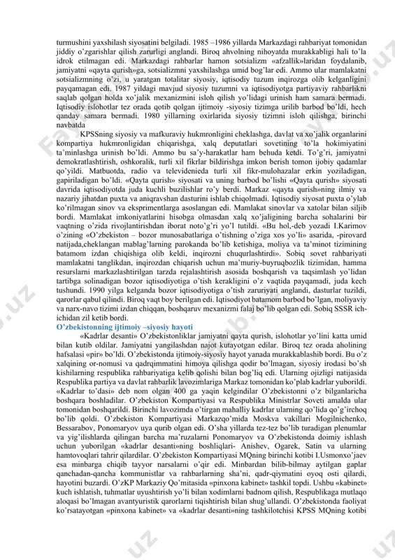 publikada millatlararo va umuminsoniy qadriyatlarning rivojlanishiga yaratilayotgan imkoniyatlar mazkur fanning o’rganish va tahlil qilish obyekti hisoblanadi. milliy istiqlol o’zbek xalqining asriy orzusi, armoni edi. bu yo’lda minglab vatan fidoyilari aziz jonlarini qurbon qildilar. milliy mustaqillikning qo’lga kiritilishi katta yutuq, uning qadriga yetish, mustahkamlash, asrab avaylash mushkul va mas‘uliyatli vazifa. har qanday mamlakatning qudrati, uning milliy mustaqilligi davlat chegaralarining daxlsizligi, o’sha mamlakat fuqarolarining o’z yurtiga mehr-muhabbat bilan tarbiya topgani, vatan mustaqilligi va milliy istiqlol uchun kurashda zarur bo’lsa jonini fido qilishga ham tayyor bo’lishdek oliyjanob fazilatlarga ega bo’lishlariga bog’liq. bu fazilatlarni xalq, yurt kelajagi – yoshlar ongida shakllantirish ushbu fanning vazifasi hisoblanadi. sssr da turg’unlik holatining vujudga kelishi turg’unlik sabablari xx asrning 70-80 yillarida sssrda iqtisodiyotning rivojlanish sura’ti tobora pasayib, sarf-xarajatlari ortib bordi. mavjud imkoniyatlarni hisobga olmasdan ishlab chiqilgan ijtimoiy, oziq-ovqat, agrar, energetika, ekologiya va boshqa sohalardagi dasturlar samara bermadi, iqtisodiy ziddiyatlarni chuqurlashtirib yubordi. jahonning taraqqiy topgan mamlakatlarida xx asr ikkinchi …