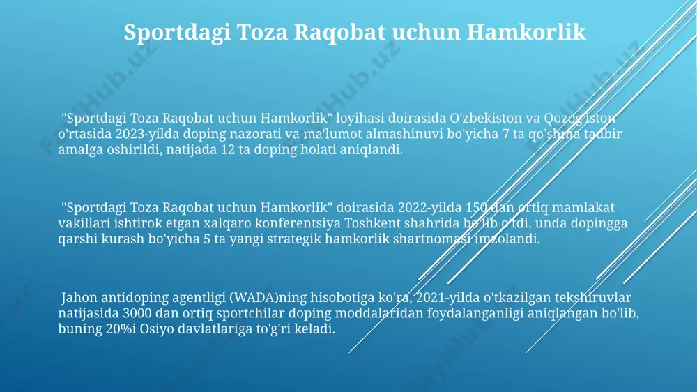 tilgan anabolik steroidlar kabi ba'zi moddalarning uzun muddatli salbiy ta'sirlarini oʻz ichiga oladi. anabolik steroidlar, eritropoetin (epo) kabi gormonlar va 2012 yil londondagi olimpiadada keng qoʻllanilgan stimulyatorlar kabi turli xil doping turlari mavjud. jazolar va intizomiy choralar xalqaro olimpiada qo'mitasi (xoq) rio-2016 olimpiadasida 100 dan ortiq sportchini dopingga qarshi testlarning ijobiy natijasi sabab musobaqadan chetlatdi, bu esa intizomiy choralar qat'iyligini ko'rsatadi. 2000-yillardan buyon jahon antidoping agentligi (wada) tomonidan 100 dan ortiq davlatda dopingga qarshi kurash kuchayib, qattiq intizomiy choralar, shu jumladan, musobaqalardan chetlatish va mukofotlarni olib qo'yish qo'llanilmoqda. o'zbekistonda 2015-yildan boshlab dopingga qarshi kurash milliy dasturi ishlab chiqilib, sportchilarning 5% dan ortig'i muntazam tekshiruvdan o'tkazilmoqda, bu esa qoidabuzarliklar sonini kamaytirishga yordam bermoqda. dopingning salbiy oqibatlari doping yurak-qon tomir tizimiga jiddiy zarar yetkazishi mumkin, masalan, yurak urishi tezlashishi, qon bosimi ko'tarilishi va hatto 30 yoshdan oldin yurak xurujiga olib kelishi mumkin, bu esa o'limga ham olib kelishi mumkin. ba'zi doping moddalari …