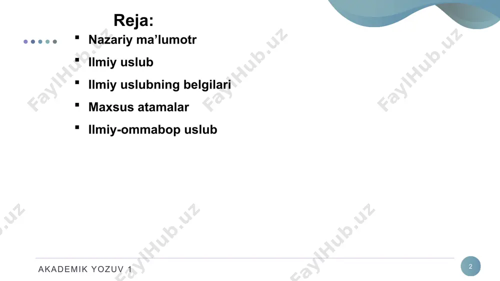 slub) ega: shaxsiy - ilmiy (mutaxassislar munosabati uchun), ilmiy-ta’limiy (bo‘lajak mutaxassislarning munosabati uchun), ilmiy-ommabop (mutaxassis bo‘lmaganlar orasida ilmiy bilimlarni ommalashtirish uchun). ilmiy uslub janrlari og‘zaki shaklda ma’ruza, doklad, ilmiy munozarada aks etsa, yozma shaklda esa keyslar, taqrizlar, maqolalar, monografiya, dissertatsiyalarda namoyon bo‘ladi. akademik yozuv 1 9 ilmiy uslubning belgilari ilmiy uslubning ba’zi belgilari: fikrning puxta tayyorlangan monologik xarakterda bo‘lishi, matn qismlari orasida aniq aloqaning mavjudligi, ilmiy tushunchalarni aniq ajratish, qisqalik va ifodalashning bir ma’noliligi. ilmiy uslubning o‘ziga xos xususiyati terminlarning — ilmiy tushunchaga ega maxsus so‘zlarning mavjudligi hisoblanadi. akademik yozuv 1 10 maxsus atamalar maxsus atamalar - bu uslubning leksikasini tashkil qiladi, unda adabiy me’yorga qat’iy rioya etilgani holda majhul nisbatdagi fe’llar va murakkab qurilishli gaplar keng ishlatiladi. ilmiy uslub bilimning turli sohalariga qarab, shuningdek, kimga mo‘ljallanganligiga nisbatan o‘zaro farqlanadi. masalan, fan sohalari muayyan shartli belgilar, formulalar, bayon qilish materiali bilan ajralib turadi. ilmiy uslubdagi kitoblar ilm-fanga oid ma’lumotlar berish …