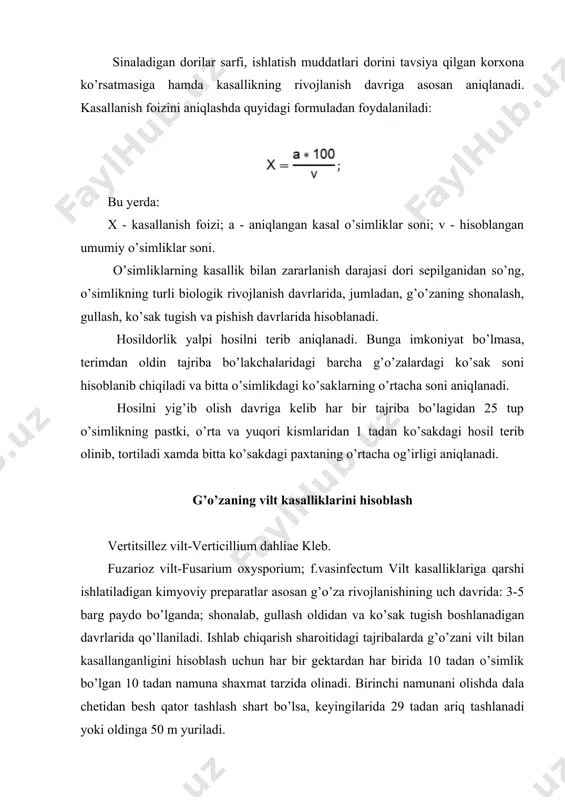 15-20 kundan so’ng sepiladi. bunda 1 ga maydonda ishlatiladigan ish eritmasining miqdori lavlagining rivojlanishiga ko’ra 200 litrdan 800 litrgacha bo’lishi mumkin. lavlagi bargining kasallanish darajasi dori sepishdan oldin va so’ngra har oyda bir marta, oxirgisi esa lavlagini kavlab olishdan oldin hisoblanadi. hisoblar har bir tajriba bo’lakchalari o’rtasidagi ikki qatorning 5 joyidan 10 tadan o’simlikda olib boriladi. lavlagi bargining un shudring kasali bilan zararlanishini baholashda 9 balli tizim qo’llaniladi. bunda: 0- kasallik yo’q; 1- barcha bargning 2,5 % kasallangan; 2- - « - - « - 2,5-5,0 %- « - 3- - « - - « - 6-10 % - « - 4- - « - - « - 11-15 %- « - 5- - « - - « - 16-25 %- « - 6- - « - - « - 26-35 %- « - 7- - « - - « - 36-67 %- « - 8- barcha barg 67 % …