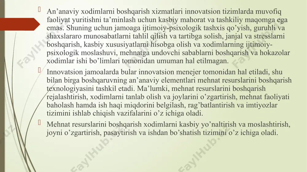 biriktirilishi ehtimoli bo’lgan qo’shimcha texnik xodimlar, muhim tarkibiy qism hisoblanadi. ushbu loyiha ustida ishlash uchun “jamoa”ga berilgan resurslar, laboratoriya va tajriba uskunalari bilan manevr qilish ham keng qo’llaniladi, ular ijaraga berish va markazlashtirilgan fonddan vaqtincha berilishi mumkin. agar novator olim va loyihaning rahbari malakali xodimlar “o’zagi”ni tashkil etsa, uning yonida yangiliklarni aniq amalga oshirishi uchun javobgar xodimlarning uchinchi, eng ko’p sonli guruhi joylashadi. bunda “chet” innovatsion faoliyatning zaruriy tarkibiy qismi bo’ladi. loyihaning umumiy samaradorligi unga bog’liq. ko’llab-quvvatlash tizimini ta’minlovchi malakali xodimlarning bu guruhi ko’pincha “ilmiy darvozabonlar” yoki “bozor darvozabonlari” deb nomlanadi. xuddi shu xodimlar tashqi muhit va ichki imkoniyatlarni ta’minlaydilar, innovatsiyalarni amalga oshirish bo’yicha amaliy faoliyatni qo’llaydilar. yuqori rahbariyat loyiha “jamoasi”ga xodimlar harakatlari ustidan batafsil, bosqichma-bosqich va yaxlit nazoratni qo’llash mumkin emasligini tushunishlari zarur. bunday “jamoa“ a’zolarini faqat favqulodda holatlarda boshqa ishga ko’chirish mumkin. loyiha rahbarining tutgan o’rni ham ijtimoiy-psixologik nuqtai nazardan muhimroq bo’ladi. resurslarni taqsimlash, ularni boshqarish, aniq muddatlar …