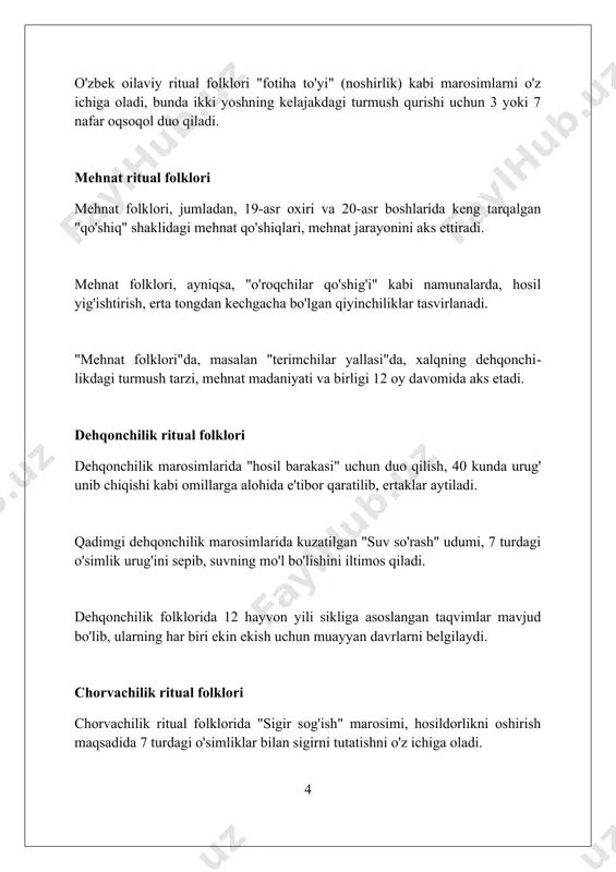 l turdagi qurbonlik va 12 ta raqs bilan ifodalanishi mumkin. marosim folklori 3 asosiy unsurni o'z ichiga oladi: mifologik dunyoqarash, qurbonlik va 9 avloddan avlodga o'tib kelayotgan an'anaviy harakatlar. afsonalar 10-asrda shakllana boshlagan bo'lib, marosim folklorining bir qismi sifatida 5 ta asosiy maqsadga xizmat qiladi: tabiatni ulug'lash, xavfsizlikni ta'minlash va hokazo. ritual folklorda ramziylik ritual folklor ramziyligida o'simliklar unumdorlikni anglatadi, masalan, bug'doy hosildorlikning 12 ramzi sifatida ishlatiladi va marosimlarda mo'llikni ifodalaydi. hayvonlar, xususan, 7 xil turdagi chorva mollari, ritual folklorida himoya va kuch ramzi sifatida namoyon bo'ladi, ularning qurbonliklari xavfsizlikni ta'minlaydi. raqamlar, ayniqsa 3 va 4 kabi sonlar, ritual marosimlarda muhim rol o'ynaydi; 3 axloqiy tamoyilni ifodalaydi, 4 esa fazilatlarni aks ettiradi. ritual folklorning zamonaviy ahamiyati zamonaviy ritual folklori, shaxsiy identifikatsiya va guruhiy birdamlikni mustahkamlashda muhim rol o'ynaydi; 21-asrda bu ijtimoiy aloqalar va ma'naviy ehtiyojlarni qondiradi. raqamli texnologiyalar ritual folklorning 3.0 versiyasini yaratdi; onlayn platformalar marosimlarni global miqyosda tarqatadi va …