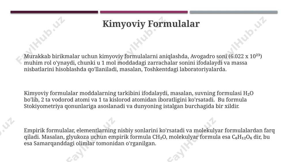 a hosil bo'lishini bildiradi. empirik formula nima? empirik formulani hisoblashda, elementlarning massasini ularning atom massalariga bo'lish orqali mol nisbatlarini aniqlaymiz. masalan, 10 gramm uglerod va 20 gramm kisloroddan iborat birikma uchun empirik formula co₂ bo'lishi mumkin, chunki uglerod va kislorodning mol nisbati taxminan 1:2 ga teng. empirik formula, moddaning eng sodda atom nisbatlarini ko'rsatuvchi formula bo'lib, masalan, 70% temir va 30% kisloroddan iborat birikma uchun empirik formula fe₂o₃ bo'lishi mumkin, bu esa 2:3 nisbatini ko'rsatadi. stokiyometriya va kimyoviy reaksiyalarni tushunishda empirik formula muhim ahamiyatga ega, chunki u berlindagi humboldt universitetida o'qigan olimlar tomonidan kashf etilgan bir qator kimyoviy reaksiyalarni va birikmalarning tuzilishini aniqlashda yordam beradi. mol tushunchasi kimyoviy reaksiyalarda mol tushunchasi, masalan, 2 mol vodorod va 1 mol kisloroddan 2 mol suv hosil bo'lishini aniqlashda, stoixiometrik hisob-kitoblarda muhim rol o'ynaydi va bu dunyoning har bir burchagidagi universitetlarning darsliklarida uchraydi. 1 mol har qanday modda 6,022 x 10²³ ta elementar zarracha …