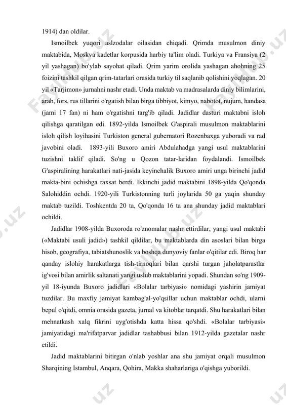 didlar 1908-yilda buxoroda ro'znomalar nashr ettirdilar, yangi usul maktabi («maktabi usuli jadid») tashkil qildilar, bu maktablarda din asoslari bilan birga hisob, geografiya, tabiatshunoslik va boshqa dunyoviy fanlar o'qitilar edi. biroq har qanday islohiy harakatlarga tish-tirnoqlari bilan qarshi turgan jaholatparastlar ig'vosi bilan amirlik saltanati yangi uslub maktablarini yopadi. shundan so'ng 1909-yil 18-iyunda buxoro jadidlari «bolalar tarbiyasi» nomidagi yashirin jamiyat tuzdilar. bu maxfiy jamiyat kambag'al-yo'qsillar uchun maktablar ochdi, ularni bepul o'qitdi, omnia orasida gazeta, jurnal va kitoblar tarqatdi. shu harakatlari bilan mehnatkash xalq fikrini uyg'otishda katta hissa qo'shdi. «bolalar tarbiyasi» jamiyatidagi ma'rifatparvar jadidlar tashabbusi bilan 1912-yilda gazetalar nashr etildi. jadid maktablarini bitirgan o'nlab yoshlar ana shu jamiyat orqali musulmon sharqining istambul, anqara, qohira, makka shaharlariga o'qishga yuborildi. savol: jadidlar oktabr to'ntarishini qanday kutib oldilar va turkiston birligi uchun qanday kurashdilar? javob: shuni ta'kidlash joizki, 1917-yilgi oktabr to'ntarishidan keying! kunlardanoq sidqiy ajziy, mahmud-xo'ja behbudiy, abdurauf fitrat, munawarqori abdurashid-xonov, abdulla avloniy, tavallo, abdulla qodiriy …