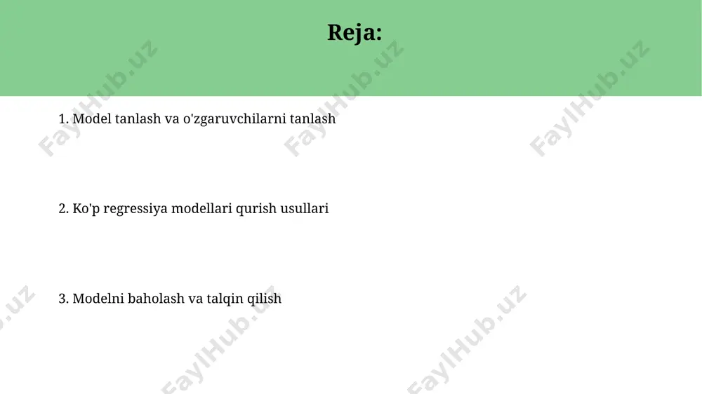 igini pasaytiradi, bu esa durbin-watson statistikasi yordamida aniqlanadi. modelni talqin qilish va natijalarni taqdim etish modelning r-kvadrati koeffitsienti 0.8 dan yuqori bo'lsa, bu modelning tushuntirish qobiliyati yuqori ekanligini ko'rsatadi, ammo bu har doim ham yaxshi bashorat qilishni anglatmaydi. p-qiymatlari 0.05 dan past bo'lgan regressiya koeffitsientlari statistik jihatdan ahamiyatli deb hisoblanadi va mustaqil o'zgaruvchilarning bog'liq o'zgaruvchiga ta'siri tasdiqlanadi. ma'lumotlarni tayyorlash va tozalash ko'p o'zgaruvchili normal taqsimotni tekshirish uchun kolmogorov-smirnov yoki shapiro-wilk testlarini 0.05 ahamiyat darajasida qo'llash mumkin. ma'lumotlarning 5% dan ortiq yo'qolgan qiymatlari bo'lsa, o'rtacha yoki median qiymatlar bilan to'ldirish mumkin, ammo bu ma'lumotlarning tarqalishini o'zgartirishi mumkin. lineerlikni tekshirish lineerlikni tekshirishda 2 dan ortiq mustaqil o'zgaruvchilar orasidagi korrelyatsiyani aniqlash uchun 0,8 dan yuqori bo'lgan pearson korrelyatsiya koeffitsientiga ega bo'lgan juftlarni aniqlash muhimdir. lineerlikni baholash uchun 3 o'lchovli tarqalish diagrammalaridan foydalanish mumkin, bunda qoldiqlarning mustaqil o'zgaruvchilarga nisbatan tarqalishi baholanadi, 10% dan yuqori bo'lgan qiymatlar lineer bo'lmagan bog'lanishni ko'rsatishi mumkin. modelning barqarorligini tekshirish …