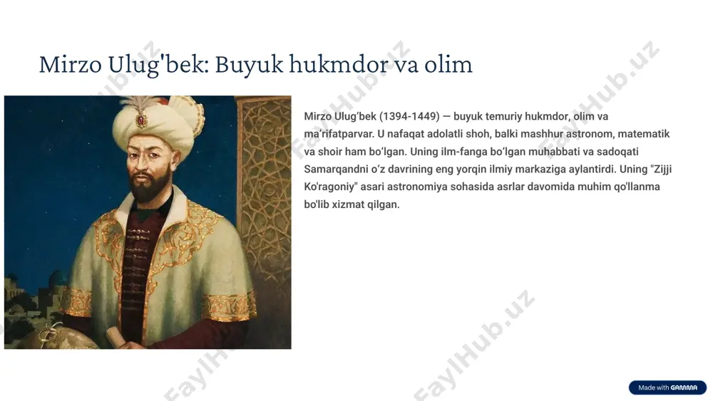 ilmiy qadriyatga ega ekanligini anglatadi. bu yodgorlikni kelajak avlodlar uchun saqlab qolish zarurligini ta'kidlaydi. 9 xulosa: ulug'bek madrasasining abadiy merosi ulug'bek madrasasi nafaqat me'moriy mo'jiza, balki ilm-fan, ta'lim va ma'rifatning yorqin ramzidir. uning merosi bugungi kunda ham bizni ilhomlantirib, bilimga intilish va madaniyatga hurmatni o'rgatadi. ulug'bek madrasasi asrlar osha o'zining ulug'vorligini saqlab kelmoqda va kelajakda ham insoniyatning intellektual salohiyatini namoyish etuvchi yorqin misol bo'lib qoladi. 10 image1.png image2.png image3.png image4.jpeg image5.png image6.png image7.png image8.png image9.png image10.png image11.png image12.png