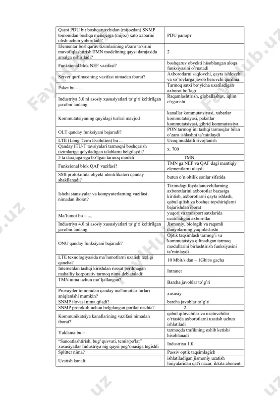 tarmoq tugunlarida esa paketlar qabul qilinadi va uzatish amalga oshiriladi. passiv optik tarmoq nechta asosiy komponentlardan tashkil topadi? 3 optik liniya terminali olt lte kengaytmasi long term evolution аbonent kirish tarmog’i asosan necha qismdan iborat bo’ladi 3 menejer stansiyasiga (snmp mijozi) xabar agentga (snmp serveri) qabul qilingan foydalanuvchi udp datagramlari soni haqida qanday protokolni oladi? mib tmn modeliga qancha darajalar kiritilgan? 5 fttx texnologiyasi bu ... keng polosali tarmoq texnologiyasi kadr bu – ... kanal satxi bo‘yicha uzatiladigan axborot bo‘lagi industriya 2.0 ni asosiy xususiyatlari to‘g‘ri keltirilgan javobni tanlang mexanizatsiya, urbanizatsiya, ommaviy ishlab chiqarish, elektr energiyasi telekommunikatsiya transport tarmog‘i bu ... aloqa liniyalari yordamida ulangan tarmoq tugunlari, axborotlarni uzatuvchi kanallar va traktlar yig‘indisiga aytiladi. ont qanday funksiyani bajaradi? abonent bilan o’zaro ishlashni ta’minlaydi lte texnologiyasi simsiz aloqa standarti o'rtacha o'tkazuvchanlik – uzatilgan ma'lumotlar hajmini uzoq vaqt oralig'idagi (soat, kun, xafta) ma'lumotlarni uzatish uchun ketgan vaqt birligiga bo'lish orqali aniqlanadi, ya'ni …