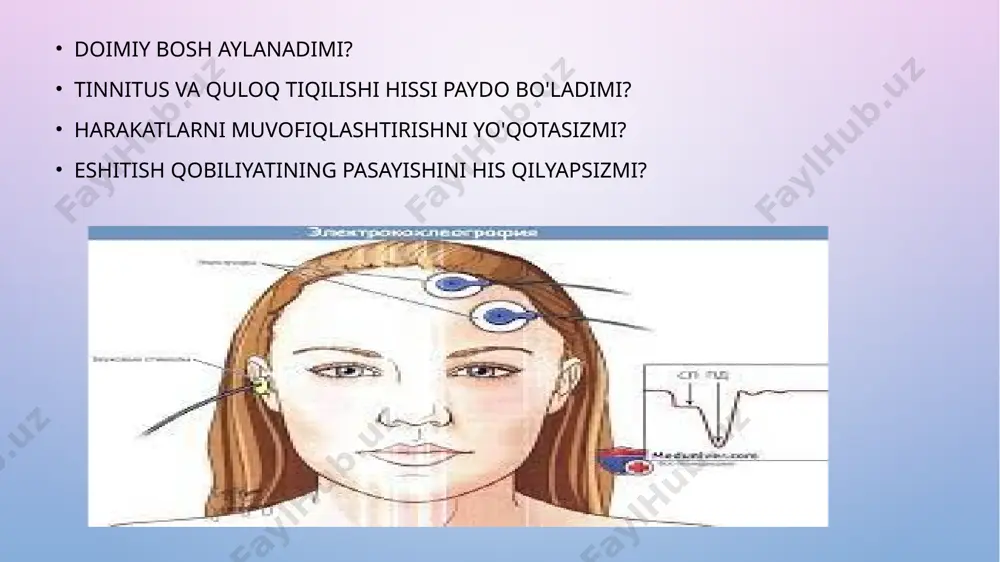 tr signallarining xususiyatlarini - soch hujayralaridan keladigan eshitish potentsiallarini - eshitish organi va eshitish nervining retseptorlarini baholashdan iborat. eshitish potentsiallari - bu elektr impulslari shaklida miyaning eshitish markazlariga kirib, odamda eshitish hissiyotlarini keltirib chiqaradigan tovush to'lqinining aylantirilgan energiyasi. foydalanilgan adabiyotlar. 1. https://mastersluh.ru/medicinskie-uslugi/elektrokokhleografiya/.’ 2. https://www.103.xn--p1ai/list/lor-elektrokohleografija/ekb/ 3. https://www.medcentrservis.ru/otolaringologiya/akusticheskaya-elektrokokhleografiya/ image2.png image4.png image5.png image6.png image7.png image8.png image9.png image10.png image1.png /docprops/thumbnail.jpeg