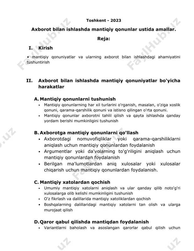 ilan ishlashda mantiqiy qonuniyatlarning ahamiyati haqida xulosa · qaror qabul qilish va muammolarni hal qilishda mantiqning roli haqidagi yakuniy fikrlar i. kirish mantiqiy qonunlar fikrlashning asosiy tamoyillari bo'lib, bizga ma'lumotni tushunishga va aniq xulosalar chiqarishga yordam beradi. ular deduktiv fikrlashning asosini tashkil qiladi, bu binolar yoki taxminlar to'plamiga asoslangan xulosalar chiqarishni o'z ichiga oladi. uchta asosiy mantiqiy qonunlar - o'ziga xoslik qonuni, qarama-qarshilik qonuni va istisno qilingan o'rta qonuni. o'ziga xoslik qonuni shuni ta'kidlaydiki, biror narsa o'zi nima bo'lsa, boshqa narsa emas. misol uchun, mushuk it yoki qush emas, balki mushukdir. qarama-qarshilik qonuni shuni ko'rsatadiki, biror narsa bir vaqtning o'zida va bir xil jihatdan bo'lishi va bo'lmasligi mumkin. misol uchun, mushuk bir vaqtning o'zida ham tirik, ham o'lik bo'lishi mumkin emas. nihoyat, istisno qilingan o'rta qonuni biror narsa bo'lishi yoki bo'lmasligi kerakligini aytadi; o'rta yoki uchinchi variant yo'q. ushbu mantiqiy qonunlarni tushunish axborot bilan ishlashda muhim ahamiyatga ega, chunki ular …