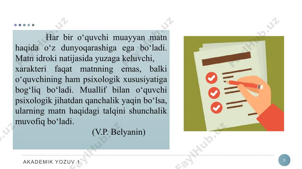 ish mumkin – murakkab sintaktik butunlik (katta matnda boblar, paragraflar va b.). bu matnda mikromatnni ochib beruvchi bir guruh gaplar bo‘lib, boshlanish, fikrlar rivoji va xotimalarga ega bo‘ladi. bir murakkab sintaktik butunlik doirasida har bir keyingi gap avvalgi gapdan kelib chiqqan savolga javob beradi. keyingi gapga savol berib bo‘lmaslik murakkab sintaktik butunlik tugaganini anglatadi. akademik yozuv 1 15 predmetli aloqa (matndagi alohida qismlar insonlar ismi, predmetlarning nomi bilan birlashadi); vaqtli aloqa (matnda yagona vaqt makoni mavjudligi). vaqtdagi birgalik grammatik va leksik ifodalanadi; makonli aloqa (shahrimizda,u yerda,bu yerda va b.). akademik yozuv 1 16 yozma hikoya matnida gaplar, odatda, mavzudan, xabar predmetidan, biron-bir tanish narsadan (avvalgi hikoyadan) yoki mazmun jihatidan kamroq ahamiyatga ega narsadan boshlanadi. gap yakunida, odatda, gap yangi, ushbu kontekst va vaziyatda ahamiyatliroq bo‘lgan axborot beriladi. matnlarda so‘zlar tartibi akademik yozuv 1 17 tanish va yangi, kamroq va ko‘proqqa bo‘lish butun matnga bog‘liq. eng keng tarqalgan so‘zlar tartibi. yangi, …
