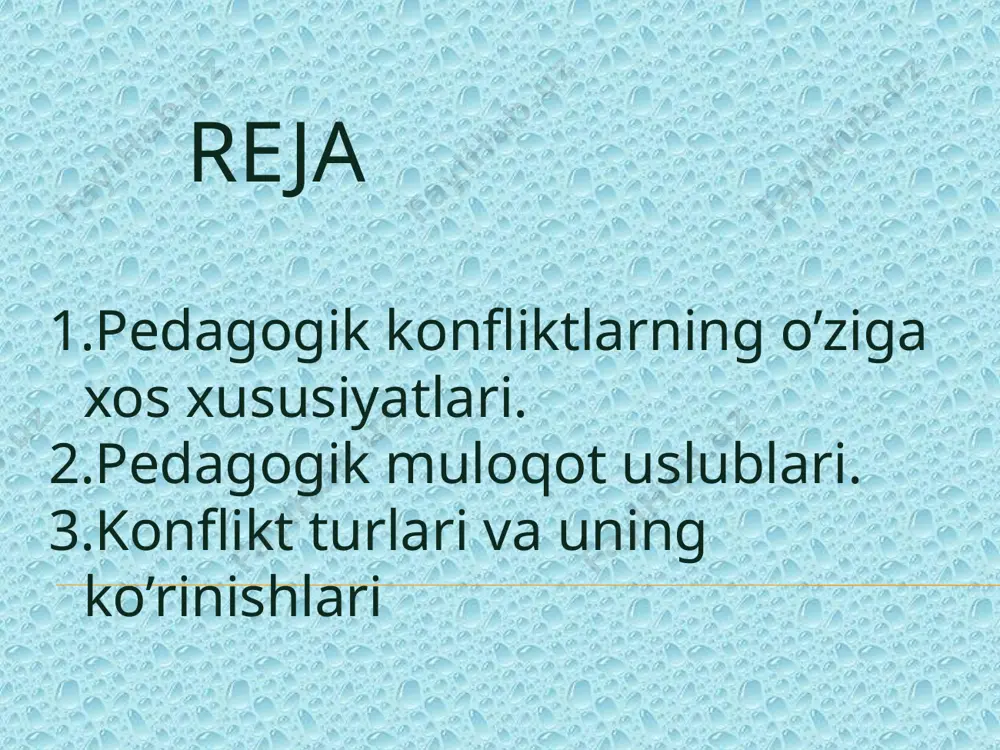 stlabki ekvivalenti sanaladi. konfliktlarning kelib chiqishini, sabab va oqibatlarini o‘rganuvchi fan «konfliktologiya» bo’lib, u lotincha «conflictus»- to‘qnashuv, «logiya» - ta’iimot demakdir. demak, konfliktologiya to‘qnashuv haqida ta’lim berish, ya’ni to'qnashuv haqidagi fan hisoblanadi. pedagogik konfliktologiya fanining predmeti - konfliktlarning yuzaga kelishi, rivojlanishi va tugallanishiga doir umumiy qonuniyatlardir. xorij mamlakatlarida yuqori va quyi bosqichdagi barcha rahbar xodimlar, biznes menejerlarning barchasi konfliktlar yechimi bo’yicha ta’lim oladilar. pedagogik konfliktologiya fanini o‘qitishdan maqsad - bo‘lajak o’qituvchilarni zamonaviy pedagogik konfliktologiya asoslariga doir bilimlar bilan qurollantirishdir. ijtimoiy konfliktlarning sabablari nimada deb o’ylaysiz??? savol ijtimoiy (sotsial) konflikt sabablari: 1) moddiy resurslar; 2) hayotiy ko‘nikma (ustanovka)lar; 3) tarbiyalanganlik darajasi; 4) ijtimoiy (sotsial) tuzilmadagi maqom-vazifaga oid farqlar; . 5) shaxsga doir (emotsional-psixologik) farqlar va hokazo. har bir inson o'z baxtining memoridir. g‘arb mutafakkirlaridan birining «o‘g‘liga ta’lim bermagan ota o‘g‘rini boqayotgan bo‘ladi» degan gaplari yodga keladi. ota onalarni yomon tomoni bazan bolasini o'ziday ko'radi konfliktlar problematikasi sohasida quyidagi atamalar qo’llaniladi: «bahs», …