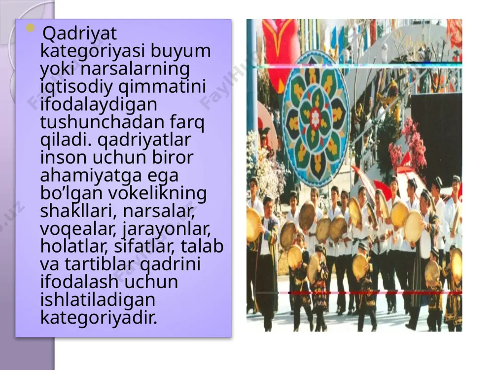 am beradigan buyuk xazinasini tushunganlar. musulmon sharqi mamlakat-larida keng atrqalgan diniy-falsafiy at‘limot - atsavvuf namoyondalari ham, qadriyatlar deganda insonning qadr - qimmati, uning ruhiy - ma‘naviy yetukligiga qarab belgilanmog’i lozimligini qayat - qayat atkrorladilar. qadriyatlarni jamiyat, millat hayotidagio’rni, ijtimoiy xarakteriga qarab milliy va umuminsoniy, sinfiy yokidiniy, shuningdek kishilarning yoshi, pro-fessional xususiyatlariga xos qadriyatlarga bo’lish mumkin. insonning qadr - qimmati, sha‘ni, or - nomusi, milliy g’ururi - milliy qadriyatlar bilan bevosiat bog’liq. milliy qadriyatlar, har bir millatning o’ziga xos xususiyatlari, xossalari, belgilari, alomatlarini ifodalovchifalsafiy tushunchabo’lib, o’sha millat bosib o’tgan ijtimoiy rataqqiyot jarayonida shakl-langan milliy madaniy meros xazinasiga qo’shgan hissasini, ulushini ifodalaydi. xuddi shu milliy o’ziga xoslik, o’ziga moslik, millat madaniyatida, adabiyotida, san‘atida, tilida, dinida, atrixiy xotirasida, yashash ishlash va fikrlash atrzida, urf-odatlarida, rasm - rusumlarida, bayramu - sayillarida o’z ifodasini topadi. milliy qadriyatlar milliy ma‘naviy madaniyat ifodasi bo’lib, har bir millatning insoniylik xazinasiga qo’shgan munosib hissasining hosilasidir. milliy qadriyatlarning negizini urf …