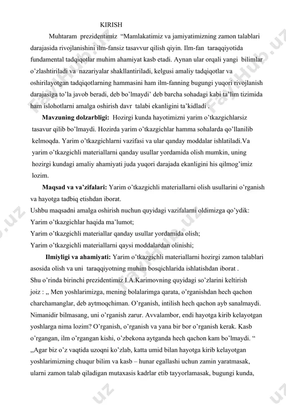 ganish zarur. avvalambor, endi hayotga kirib kelayotgan yoshlarga nima lozim? o’rganish, o’rganish va yana bir bor o’rganish kerak. kasb o’rgangan, ilm o’rgangan kishi, o’zbekona aytganda hech qachon kam bo’lmaydi. “ ,,agar biz o’z vaqtida uzoqni ko’zlab, katta umid bilan hayotga kirib kelayotgan yoshlarimizning chuqur bilim va kasb – hunar egallashi uchun zamin yaratmasak, ularni zamon talab qiladigan mutaxasis kadrlar etib tayyorlamasak, bugungi kunda, butun dunyoni qamrab olgan moliyaviy iqtisodiy inqiroz davrida yurtimizda tinchlikni saqlab, iqtisodiyotimizning barqaror o’sish sur’atlarini taminlashga, ayni shunday og’ir sharoitda xalqimiz hayotining tobora yuksalishiga erisha olarmidik. yo’q, albatta. “ shunday ekan biz yoshlar bizga yaratilgan imkoniyatlardan unumli foydalangan holda o’qib izlanishimiz va olgan bilimlarimizni amalda qo’llay olishimiz kerak. sof yarim o’tkazgichning elektr o’tkazuvchanligi yarim o‘tkazgichlarda elektr o‘tkazuvchanlikning ikki: elektron (n) va elektron-kovak (p) turi mavjud bo‘lib, ular jismda p-n o‘tishini vujudga keltiradi. bunday jismlarga katta va kichik quvvatga ega turli xildagi elektr to‘g‘rilagichlar, kuchaytirgich va generatorlar misol …