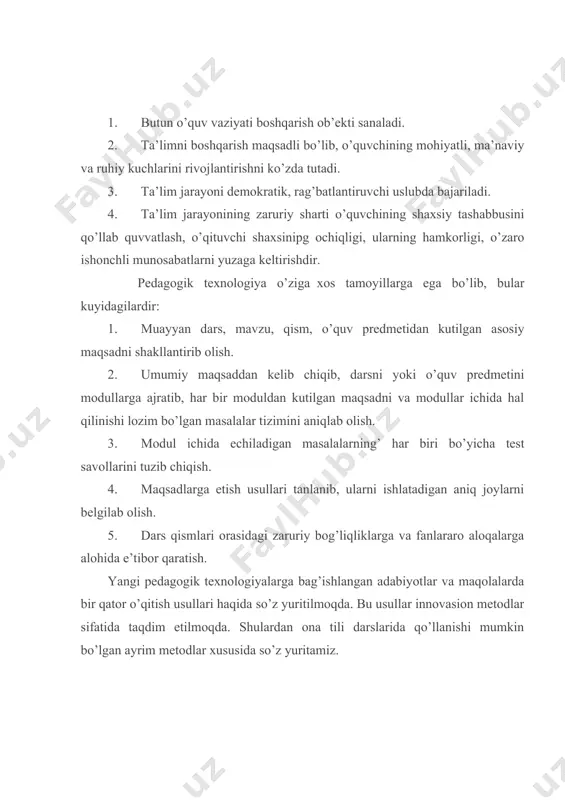 muammoli vaziyatni echishga qaratilgan muhokamani uyushtirish va xulosalarniig to’g’riligini tasdiqlashdir. 4. intsrfaol metod texnologiyasi. o’quvchilarning ijodkorligiga tayanish, darsda erkin bahs-munozara sharoitini tug’dirish. buning uchun sinf kichik guruhlarga bo’linadi va dars davomida shu guruhlar bilan ishlanadi. 5. didaktik o’yinlar texnologiyasi. dars jarayonida turli didaktik o’yinlarni ko’llash va ular orqali darsda jonlanish, faol harakat va qiziqish uyg’otish. 6. sinov darslari. o’quvchilarning ma’lum bilim va ko’nikmalarini sinash maqsadida o’tkaziladigan darslar bo’lib, ular test topshiriqlari yoki nazorat varaqlari orqali o’tkaziladi. xulosa qilib aytganda, yangi pedagogik texnologiyalarni ta’lim jarayoniga olib kirish davr talabidir. bu ish esa o’qituvchiga bog’liq. o’qituvchi ijodkor bo’lishi, yangi pedagogik texnologiyalarning xilma-xil shakllarini, usullarini yaratib borishi, ularni ta’lim jarayonida qo’llab borishi lozim. ona tili dasturi va darsliklarida til materiallarining berilishi dars samaradorligi bilan uzviy bog’liqdir. ma’lumki, uzoq davr mobaynida ona tili mashg’ulotlari dastur va darslik materiallari asosida tashkil qilindi. o’qituvchilar asosan darslik doirasida, uning materiallari asosida ishlashga odatlandilar. buning bosh sababi ta’lim …