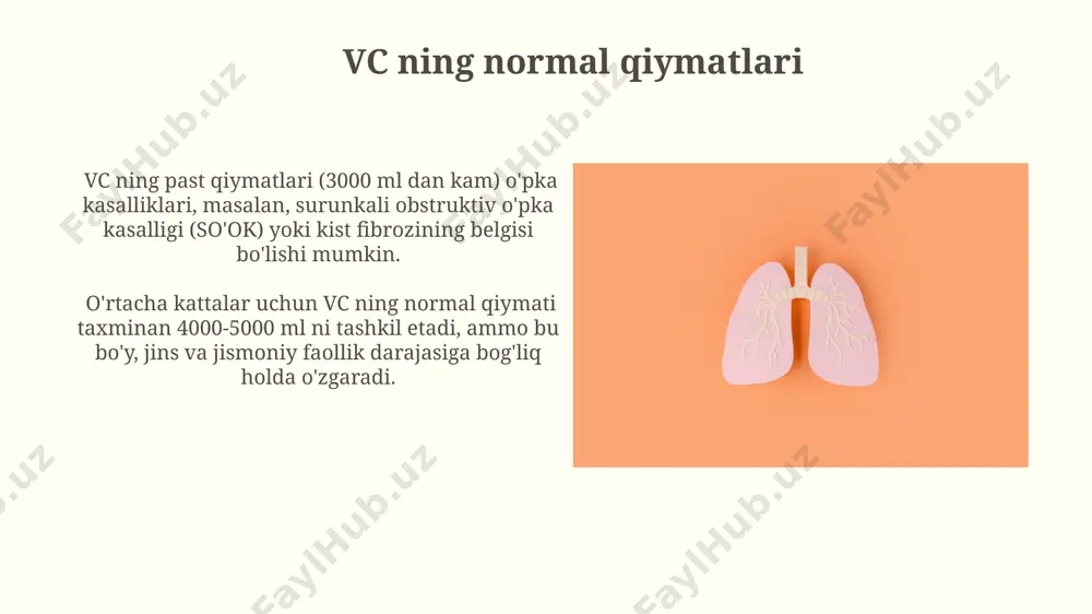 kin. qo'shimcha havo hajmi (qhh) taxminan 1,5 litr bo'lib, maksimal nafas chiqarishdan keyin o'pkada qoladigan havo miqdorini bildiradi va nafas olish tizimining elastikligiga bog'liq. vital sig'im (vc) tushunchasi vital sigʻim (vc) odatda 4-6 litrni tashkil etadi va yosh, jinsi va jismoniy holatga bogʻliq holda oʻzgaradi, bu ko'rsatkich sog'lom nafas olish tizimining muhim ko'rsatkichidir. vital sigʻimning pasayishi surunkali obstruksiv o'pka kasalligi (sook), pnevmoniya yoki astma kabi nafas olish tizimining turli kasalliklarining belgisi bo'lishi mumkin, bu holda 3 litrdan kam vc qiymatlari tashvishga sabab bo'ladi. vc ni ta'sir qiluvchi omillar surunkali obstruksiv o'pka kasalliklari (sook), masalan, emfizema va surunkali bronxit, vc ni 30-50% gacha kamaytirishi mumkin, bu nafas olish funksiyasining sezilarli darajada pasayishiga olib keladi. yosh o'zgarishi vc ga sezilarli ta'sir ko'rsatadi; 20 yoshdagi odamlarda o'rtacha vc qiymati 4000 ml bo'lsa, 70 yoshga kelib bu ko'rsatkich 25% ga kamayishi mumkin. o'pkaning tuzilishi va funksiyasi diafragma va qovurg'alararo mushaklarning faol ishtiroki bilan o'pka …