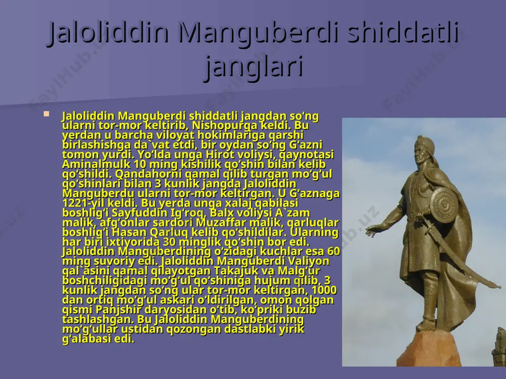 dining mo‘g‘ul bosqinchilariga qarshi kurashda ko‘rsatgan mislsiz jasorati, vatanga va o‘z xalqiga sadoqat va cheksiz muhabbatini qadrlash va uning porloq ruhini abadiylashtirish maqsadida “jaloliddin manguberdi tavalludining 800 yilligini nishonlash haqida” qaror qabul qildi (1998). qarorga ko‘ra, uning yurti xorazmda jaloliddin manguberdiga haykal o‘rnatildi, yirik ko‘cha, maydon, jamoa korxonalari va boshqalarga uning nomi qo‘yildi. jaloliddin manguberdining harbiy yurishlarida hamroh bo‘lgan tarixchi nasaviy jaloliddin manguberdiga bag‘ishlab “siyrat as-sulton jaloliddin manguberdi” (“sulton jaloliddin manguberdining holati”) nomli asar, maqsud shayhzoda esa “jaloliddin” (1943-yil) dramasini yozgan. jaloliddin manguberdi haqida video film, doston, p`esa va boshqalar yaratilgan. 2000-yilning 30-avgustida “jaloliddin manguberdi” ordeni ta’sis etilgan. 1230-yil 10-avgustda arzinjon yaqinidagi jangda jaloliddin manguberdi kuchlari malubiyatga uchradi. jaloliddin manguberdining kuchsizlanganidan foydalangan mog`ullar katta qo`shin bilan ozarbayjonga bostirib kirib maroa, tabrizni egallab (1231) jaloliddin manguberdi ta`qib etishgan. mayofariqin viloyatidagi qishloqlardan birida mog`ullar tungi hujum natijasida jaloliddin manguberdining oz sonli qo`shinini tor-mor keltirdilar, jaloliddin manguberdini o`zi esa ta`qibdan qutulib qurdiston tolariga …
