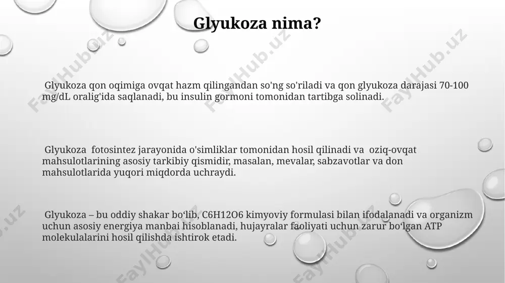liz jarayonida 1 molekula glyukoza 2 molekula piruvat kislotasiga aylanadi va 2 atp molekulasi hosil bo'ladi, bu hujayra energiyasi uchun muhimdir. glyukoza so'rilishi mexanizmi sglt1 transporteri glyukoza va natriy ionlarini bir vaqtning o'zida enterotsitlarga o'tkazadi, 1 molekula glyukoza uchun 2 molekula natriy ioni sarflanadi va bu jarayon aktiv transport orqali amalga oshadi. glyukoza so'rilishi tezligi, qondagi glyukoza konsentrasiyasi va ichak lümenidagi glyukoza miqdoriga, shuningdek, fermentlar faolligi va transporterlar soniga bog'liq bo'lib, har bir molekula uchun energiya sarfini talab qilishi mumkin. glyukoza so'rilishi ingichka ichakda, asosan, shilliq qavatining yuqori qismidagi enterotsitlar orqali, sglt1 va glut2 transporterlari yordamida amalga oshiriladi, bu jarayon na+-bog'liq transportni o'z ichiga oladi. e'tiboringiz uchun rahmat @taqdimot_robot image1.png image2.png image3.png