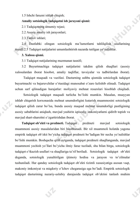 ib olinishi mumkin. ba’zan esa murakkab sotsiologik tadqiqot olib borish yoki tadqiqot ob’ekti tulaligicha kamrab olish imkoniyati bo’lmaydi. shuning uchun bunday vaziyatda tadqiqot ob’ektini nisbatan aniq chegarasi belgilab olinishi shart. dasturda aniq ko’rsatilishi zarur. 1) empirik tadqiqot ob’ekti; 2) sotsiologik tadqiqot ob’ektini tulaligicha kamraydimi yoki uning ayrim jihatlarini tanlab oladimi; 3) tanlov asosida olib boriladigan sotsiologik tadqiqot asosi (ro’yxat tuzish, kartoteka, sotsiologik harita kabilar). sotsiologik tadqiqot farazi: mavjud muammo bo’yicha ilmiy faraz ishlab chiqish empirik sotsiologik tadqiqotni nazariy jihatdan tayyorlashninig yakunlovchi qismi hisoblanadi. tadqiqot farazi-o’rganilayotgan ijtimoiy hodisa tarkibi va uning tarkibiy kismlari o’rtasidagi o’zaro aloqadorlik harakteri tugrisidagi ilmiy asoslangan farazdan iborat bo’ladi. ilmiy faraz tatqiq etilayotgan ob’ekt tugrisidagi mavjud ma’lumotlarga asoslangan holda ishlab chiqiladi. faraz, bu tadqiqot uchun boshlangich nuqta bo’lib, keyingi olib boriladigan amaliy sotsiologik tadqiqotlarda ilgari suriladigan farazga bog’liq bo’ladi. shuni ta’kidlash lozimki, farazni ishlab chiqish-empirik ma’lumotlarni tuplash va tahlilqilishdagi mantiqiy asosni ishlab chiqish demakdir. agar tadqiqotchi tomonidan …