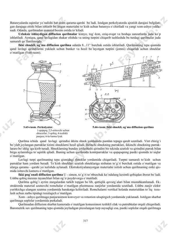 qattiq jism yuzasidagi ekstrakstiyalanuvchi modda konstentrastiyasi uch=utuy va uning ekstragentdagi o`rtacha konstentrastiyasi uur larning farqi hisoblanadi. ushbu holatda jarayonning tezligi quyidagi tenglamadan aniqlanadi: (5.154) bu erda u - suyuqlik fazadagi massa berish koeffistienti. qalinligi bo`lgan chegaraviy qatlamdagi molekulyar diffuziya tezligi fikning 1-qonuni yordamida topiladi: (5.155) bu erda d - molekulyar diffuziya koeffistienti. qattiq jismni eritish jarayoni uchun prof. a.n. shukarev tomonidan ushbu formula keltirib chiqarilgan: (5.156) bu erda u = d/. tajribaviy usul bilan d0,33 ekanligi aniqlangan. (5.154) tenglamadan u massa berish koeffistienti d0,66 ga proporstionalligi ko`rinib turibdi. yuqorida keltirilgan tenglamalarni inobatga olgan holda va tajriba natijalarini umumlashtirish natijasida, ishqorlab ajratish jarayonida massa berish koeffistienti u ni ushbu tenglama yordamida topish mumkin: (5.157) bu erda nud = u d/d - nusselt kriteriysi (d - qattiq zarracha diametri); re = wd/ - reynolds kriteriysi (w - ekstragent tezligi; - ekstragent dinamik qovushoqligi); pr = /d - prandtl kriteriysi. (5.156) tenglamadan ko`rinib …