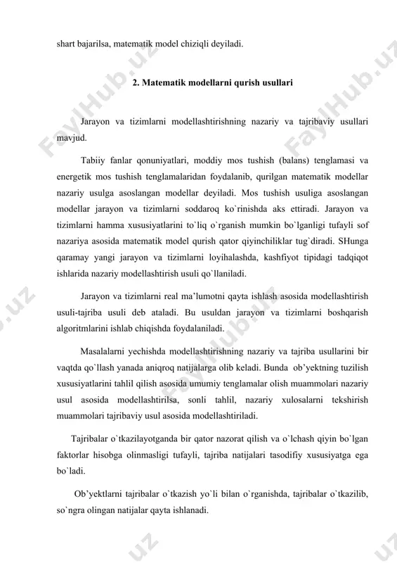 xususiyatlarini to`liq o`rganish mumkin bo`lganligi tufayli sof nazariya asosida matematik model qurish qator qiyinchiliklar tug`diradi. shunga qaramay yangi jarayon va tizimlarni loyihalashda, kashfiyot tipidagi tadqiqot ishlarida nazariy modellashtirish usuli qo`llaniladi. jarayon va tizimlarni real ma’lumotni qayta ishlash asosida modellashtirish usuli-tajriba usuli deb ataladi. bu usuldan jarayon va tizimlarni boshqarish algoritmlarini ishlab chiqishda foydalaniladi. masalalarni yechishda modellashtirishning nazariy va tajriba usullarini bir vaqtda qo`llash yanada aniqroq natijalarga olib keladi. bunda ob’yektning tuzilish xususiyatlarini tahlil qilish asosida umumiy tenglamalar olish muammolari nazariy usul asosida modellashtirilsa, sonli tahlil, nazariy xulosalarni tekshirish muammolari tajribaviy usul asosida modellashtiriladi. tajribalar o`tkazilayotganda bir qator nazorat qilish va o`lchash qiyin bo`lgan faktorlar hisobga olinmasligi tufayli, tajriba natijalari tasodifiy xususiyatga ega bo`ladi. ob’yektlarni tajribalar o`tkazish yo`li bilan o`rganishda, tajribalar o`tkazilib, so`ngra olingan natijalar qayta ishlanadi. model qurishning bunday yo`li statistik usul deyiladi. bu holda ob’yekt «qora yashik» deb atalgan kibernetik tizim sifatida qaraladi(1- rasm). jarayon va tizimlarni tajriba usuli …