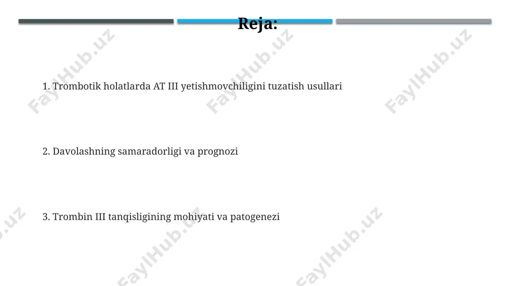 xavfi ham ortadi. antitrombin iii tanqisligining diagnostikasi antitrombin iii tanqisligini aniqlashda funktsional tahlillar, masalan, anti-xa faolligi tekshiruvi, plazmadagi atiii darajasini aniqlashda 70-80% sezuvchanlikni ta'minlaydi. atiii tanqisligini genetik tekshiruvlar yordamida tasdiqlash mumkin, bu esa atiii genidagi mutatsiyalarni aniqlash imkonini beradi,shu bilan birga kam uchraydigan holatlarni ham aniqlash mumkin. antitrombin iii darajasini aniqlash uchun immunologik usullar, masalan, elisa yoki immunoturbidimetriya, miqdoriy natijalarni beradi va 100 mg/dl dan past natijalar tanqislikni ko'rsatishi mumkin. xavf guruhlari va profilaktika homiladorlik va tug'ruq – atiii tanqisligi bo'lgan ayollar uchun yuqori xavf omili hisoblanadi, shu sababli 30-35 haftadan boshlab profilaktik davolash tavsiya etiladi. profilaktika choralariga atiii konsentratlarini profilaktik dozalarda qo'llash, ya'ni 50-100 birlik/kg va trombofiliya bilan bog'liq boshqa kasalliklarni davolash kiradi. atiii tanqisligi bo'lgan bemorlarda tromboembolik hodisalar xavfi 5-10 baravar yuqori bo'lib, yoshga va qo'shimcha xavf omillariga bog'liq holda farqlanadi. antitrombin iii almashtirish terapiyasi antitrombin iii almashtirish terapiyasi, og'ir trombotik holatlarda, inr ko'rsatkichi 1,5 dan yuqori bo'lganda …