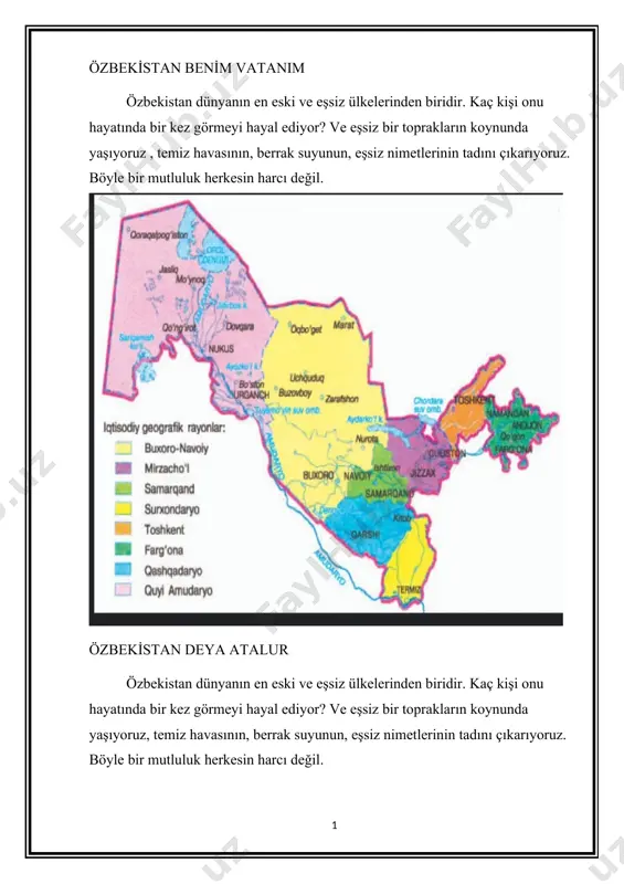 dine has doğası, insanları , kasabaları ve köyleri vardır. cumhurbaşkanı i̇slam kerimov'un, "ülkemizde her bölgenin, her ilçenin, her şehrin, her köyün kendine has bir imajı, zarafeti ve tazeliği vardır" sözleri bu gerçeğe gönderme yapılarak söylendi. gerçekten de topraklarımız o kadar rengarenk, o kadar eşsiz ki, özbekistan dediğimizde fergana vadisi'nin huzur dolu şehirleri ve köyleri, semerkant, buhara ve hive'nin antik mimari eserleri - karakalpog'un antik kaleleri gözümüzün önünde oluyor. i̇stan'ın geniş alanları, ustyurt'un geniş alanları, taşkent'in güzel ve görkemli görüntüsü , kaşkadarya'nın uçsuz bucaksız tepeleri, surhan dağları, her bölge ve bölgenin insanının kendine özgü karakteri ve faydaları gösterilmektedir. özbekistan'ı gören bir kişi şüphesiz ona aşık olacaktır. binlerce, binlerce turist ülkemizi ziyaret ediyor ve hepsi bu ferah, yemyeşil toprakların kendilerini nasıl büyülediğini heyecanla anlatıyor. herhangi bir ülkenin ulusal zenginliği iki türdür. birincisi maddi zenginlik, ikincisi manevi zenginlik. maddi zenginlik ise iki türe ayrılır: yer altı ve yerüstü zenginliği. toprak altı kaynakları yer …