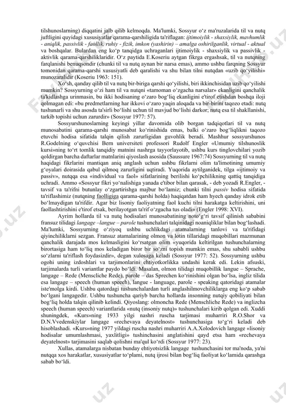 . biz ham «etuk til» muammosi muhokamasini butunlay samarasiz mashg‘ulot deyishdan yiroqmiz. zero, birinchidan, har qanday fan o‘z ob'ektining to‘liq, aniq bo‘lishini talab qiladi, ikkinchidan, ilmiy tadqiqot uchun salbiy natija ham ilmiy faraz isboti uchun zarur bo‘lgan tajriba natijasidir. axir bu muammo bekorga g‘arbu sharqda ko‘plab ilm peshvolarining fikru-zikrini band qilmagan bo‘lsa kerak, olmon olimi arno borstga yetti jildlik risolasini yaratish (borst 1957-63), farang tilshunosi mari-lyusi demonitga 700 sahifani (demonit 1992) bitish, italyan semiotigi umberto eko va rus olimi vyacheslav ivanovga o‘z gruzin hamkasbi teymuraz gamkrelidze bilan hamkorlikda bu borada maxsus tadqiqotlarni bajarish (eco 1997; gamkrelidze, ivanov 1984; bomherd 1984) oson kechmaganligi aniq. albatta, bunday izlanishlarning qadriga yetmoq, ushbu sohaga o‘zini bag‘ishlagan allomalarning ehtiromini, hurmatini bajo aylamoq darkor, biroq tilshunoslik fani rivoji uchun odam ato va momo havo bog‘i eramda qaysi tilda muloqotda bo‘lganligini bilish harakatidan yoki barcha insoniyat uchun ma'qul keladigan lison (bu lison sun'iydan boshqa hyech narsa bo‘lmaydi) …