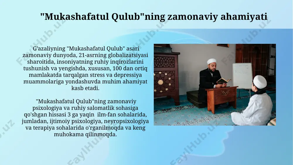 000 dan ortiq sahifaga ega asar orqali shakllanib boradi. asarning asosiy mavzusi va g'oyasi “mukashafatul qulub”ning asosiy mavzusi – 11-asrda g'aznaviylar davrida yozilgan bu asar, qalb tarbiyasi va tasavvufning 70 dan ortiq jihatlarini, jumladan, nafsni poklash va allohga yaqinlashish yo'llarini bayon etadi. kitobning asosiy g'oyasi – inson qalbi pokligini saqlash, 5 ta farz amallarni ado etish orqali allohga bo'lgan muhabbatni kuchaytirish va ichki dunyoviy tinchlikka erishish yo'llarini ko'rsatishdir. qalb pokligi va uning ahamiyati qalb pokligi orqali inson 40 yoshdan keyin ham ruhiy barkamollikka erishishi, 5 ta tuyg'u va aqlni muvozanatlash orqali 100 yillik hayotdan 70 yilini samarali o'tkazishi mumkinligini g'azaliy ta'kidlaydi. g'azaliyning "mukashafatul qulub" asarida qalb pokligining 10 dan ortiq darajasi tavsiflanib, har bir daraja uchun 7 ga yaqin amaliy tavsiyalar berilgan bo'lib, ularning aksariyati tasavvufning buxoro maktabiga xosdir. alloh bilan muloqotning yo'llari kitobda zikr, tasavvuf amallari, 5 vaqt namozning to'g'ri ado etilishi, va qalbni pok tutish kabi usullar orqali …