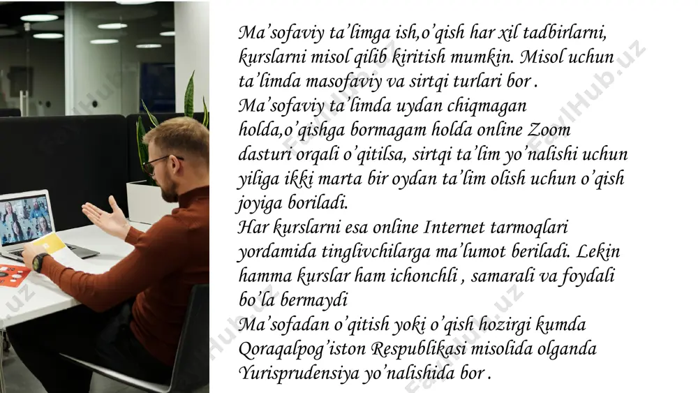 o‘qitish bilan ketma-ket, boshqa qismini parallel ravishda kunduzgi bevosita o‘qitish orqali oladi. konsorsium. ushbu model ikkita ta’lim muassasasining uzaro aloqasida olib boriladi, ya’ni o‘quv materiallarini ishlab chiqarish va ularni masofali o‘qitishda ayrim funksiyalarni o‘zaro bo‘lib olishga asoslanadi. franchayzing. franchayzing tamoyiliga asoslangan bu modelda muloqotdagi ta’lim muassasalari o‘zaro o‘zlari yaratgan masofaviy kurslarni almashadi validatsiya. muloqotda bo‘lgan barcha ta’lim muassasalari o‘zaro teng darajada masofali o‘qitish bo‘yicha bitim tuzadilar ma’sofaviy ta’lim o’qitish turlari eksternat turida o‘qitish. qandaydir sabablarga ko‘ra statsionar ta’lim muassasasiga bora olmagan o‘quvchi va talabalar uchun mo‘ljallangan. bir universitet negizida o‘qitish. masofadan turib, sirtdan yoki masofali va kompyuterli telekommunikatsiyani o‘z ichiga olgan yangi axborot texnologiyalari asosida (off-campus) o‘qiyotgan talabalar uchun mo‘ljallangan. avtonom ta’lim muassasalari. maxsus masofali o‘qitish maqsadida tashkil etilgan muassasa faoliyatini yo‘lga qo‘yish. avtonom o‘qitish tizimlari. bunday tizimlar doirasida o‘qitish tv va radiodasturlar, shuningdek, qo‘shimcha nashr etilgan qo‘llanmalar asosida olib boriladi. turli darajali andragogik. bunda andragogika tamoyillari asosida masofadan malaka …