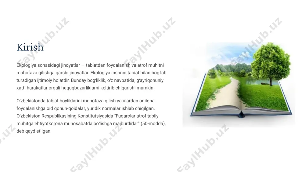 jinoyatlar atrof tabiiy muhitning ifloslanganligi toʻgʻrisidagi maʼlumotlarni qasddan yashirish yoki buzib koʻrsatish, atrof tabiiy muhitning ifloslanishi oqibatlarini bartaraf qilish choralarini koʻrmaslik, atrof tabiiy muhitni ifloslantirish jinoyat hisoblanadi. tabiiy resurslar bilan bogʻliq jinoyatlar yer, yer osti boyliklaridan foydalanish shartlarini yoki ularni muhofaza qilish talablarini buzish, ekinzor, oʻrmon yoki boshqa daraxtlarga shikast yetkazish yoki ularni nobud qilish jinoyat hisoblanadi. ekologik jinoyatlarning turlari 1 oʻsimliklar bilan bogʻliq jinoyatlar oʻsimliklar kasalliklari yoki zararkunandalariga qarshi kurash talablarini buzish, ekinzor, oʻrmon yoki boshqa daraxtlarga shikast yetkazish yoki ularni nobud qilish ekologik jinoyat hisoblanadi. 2 hayvonot dunyosi bilan bogʻliq jinoyatlar veterinariya yoki zootexnika qoidalarini buzish, hayvonot dunyosidan foydalanish tartibini buzish, qonunga xilof ravishda ov qilish, baliq ovlash qoidalarini buzish ekologik jinoyat hisoblanadi. 3 kimyoviy moddalar bilan bogʻliq jinoyatlar zararli kimyoviy moddalar bilan muomalada boʻlish qoidalarini buzish, sanoat yoki qishloq xoʻjaligi ishlab chiqarish chiqindilari bilan atrof muhitni ifloslantirish ekologik jinoyat hisoblanadi. 4 suv resurslari bilan bogʻliq jinoyatlar suv …